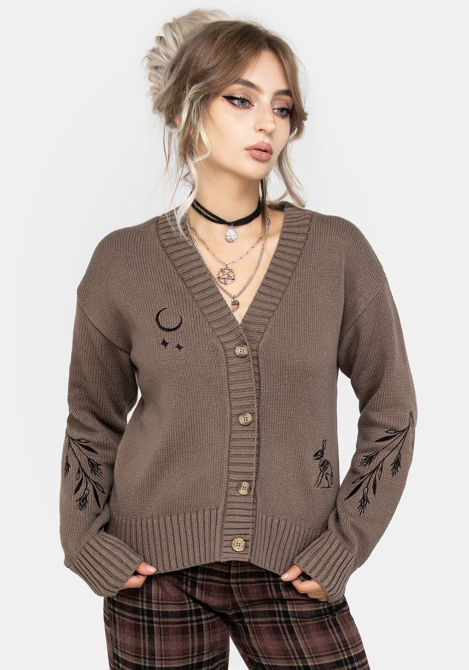 Grey Embroidered Knit Cardigan with Rabbit Skeleton Design | Hester
