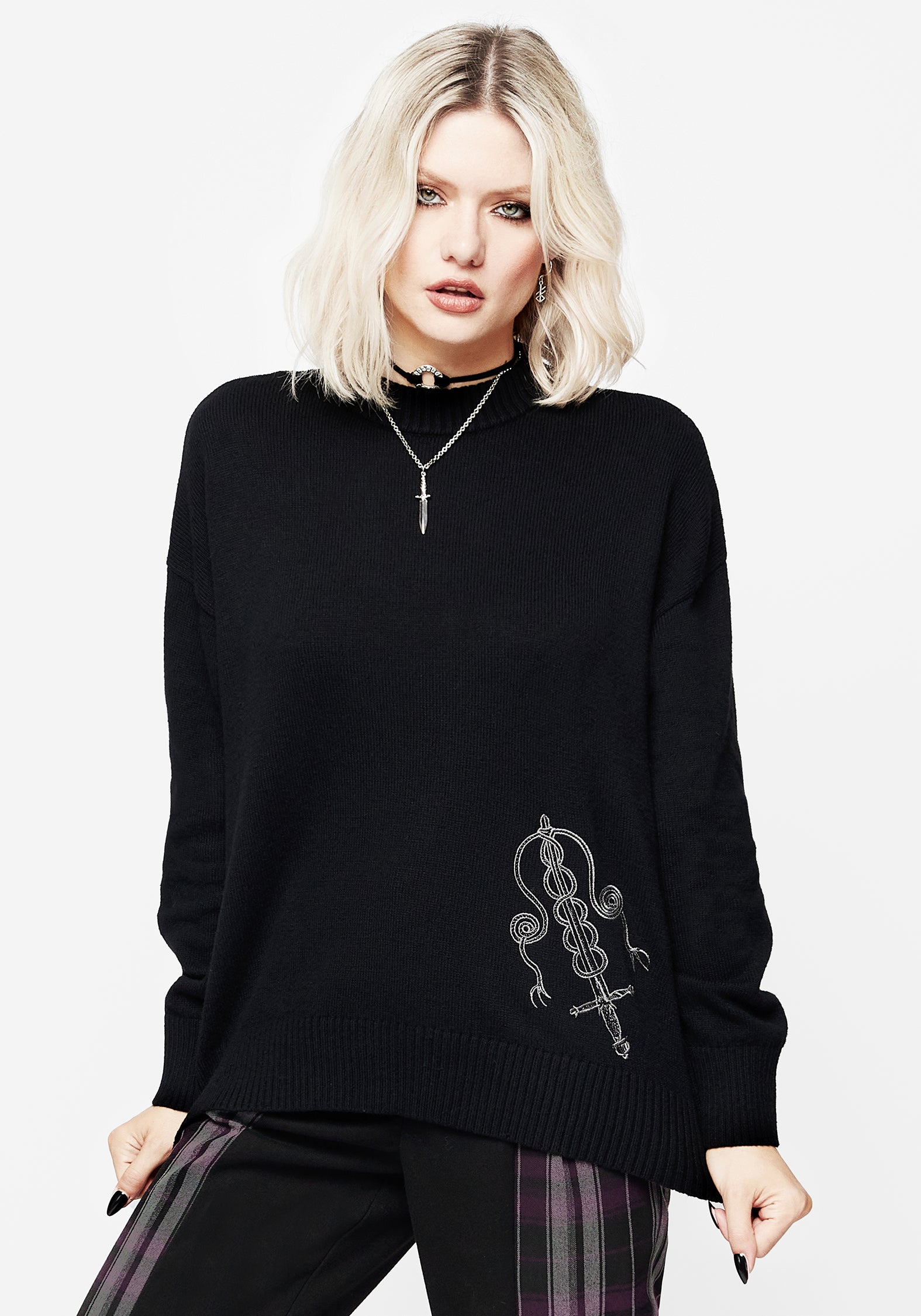 Embroidered Dagger Knit Sweater | Relaxed Fit Cotton & Wool Blend