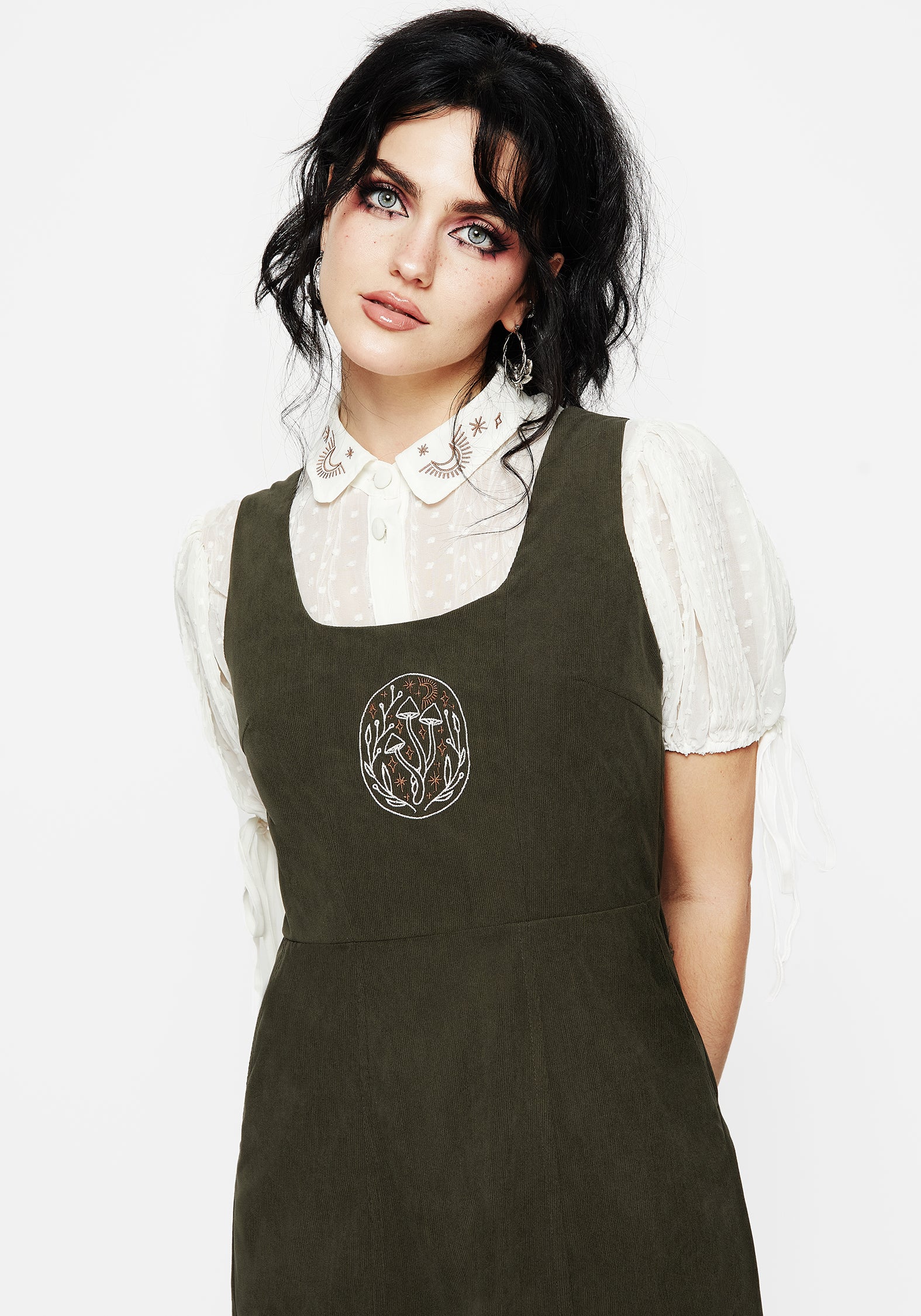Mushroom Embroidered Mini Pinafore Dress | Cottagecore A-Line Skirt