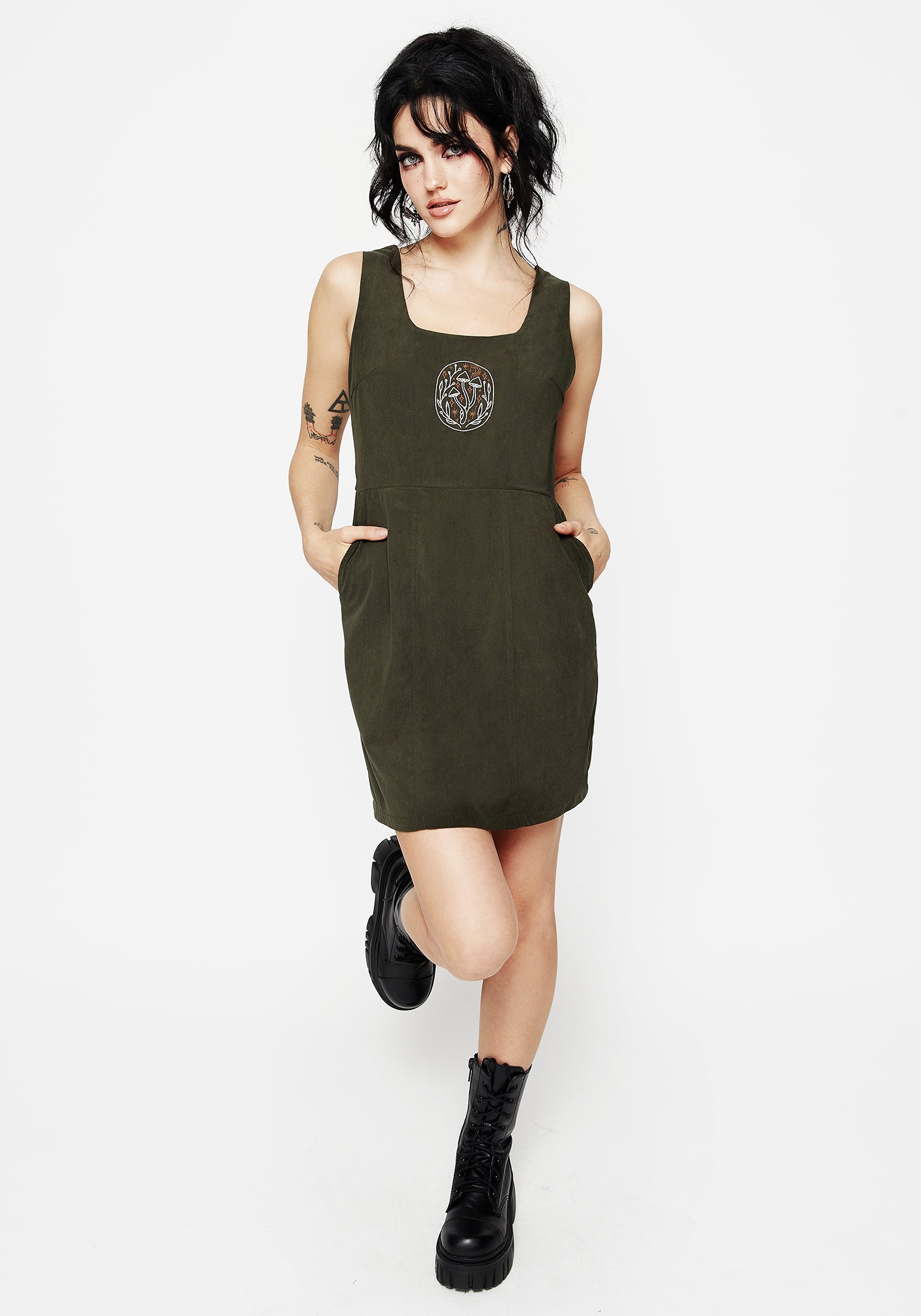 Mushroom Embroidered Mini Pinafore Dress | Cottagecore A-Line Skirt