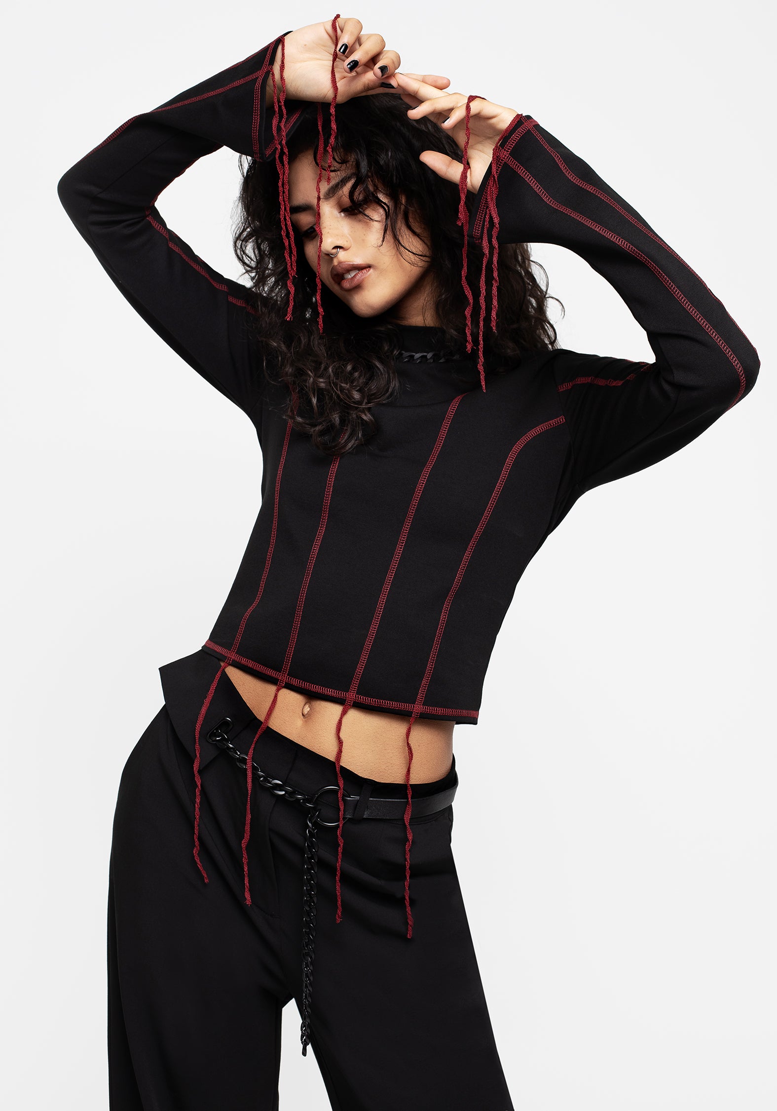 Black & Red Contrast Stitch Long Sleeve Top | Lissa