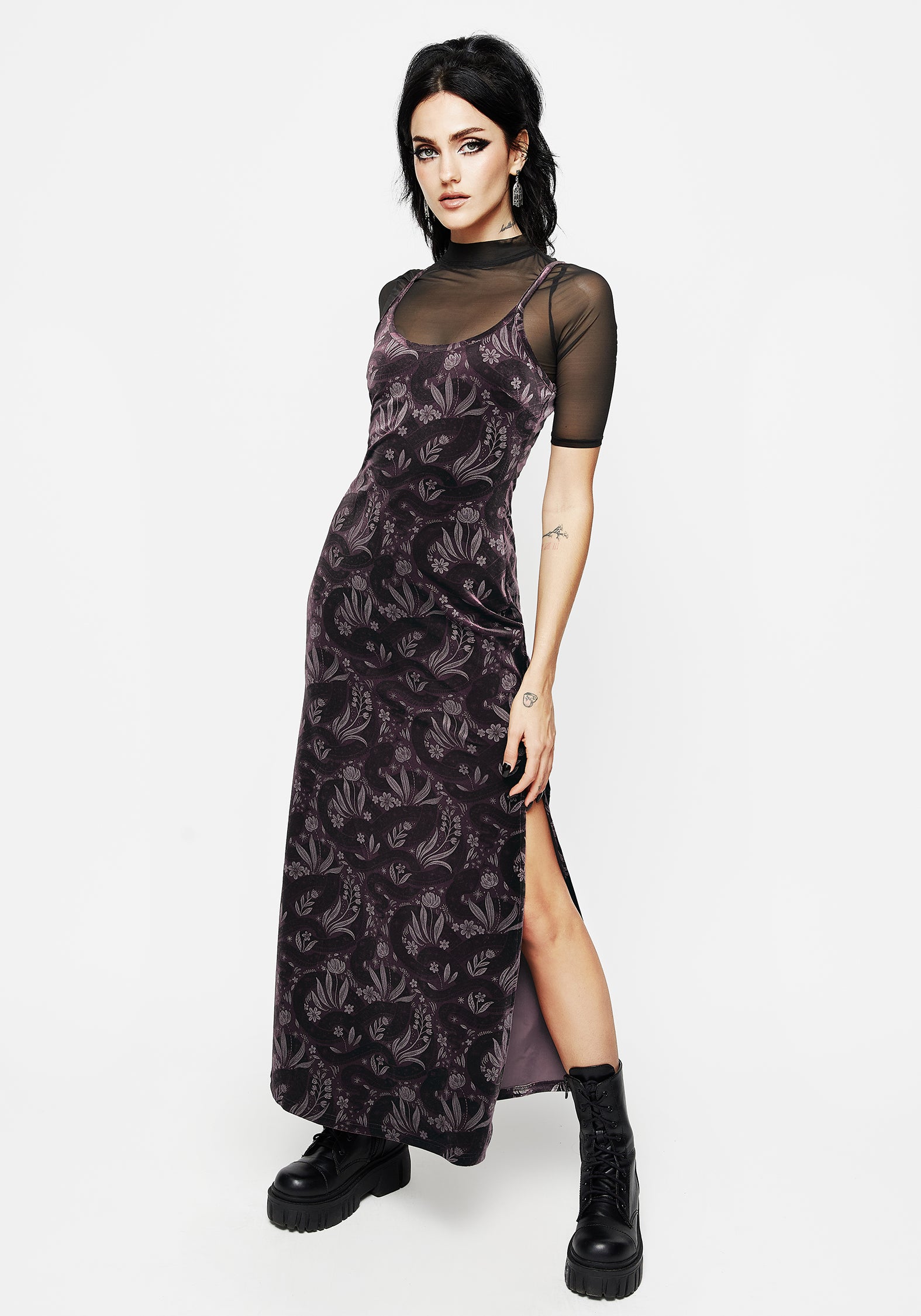 Burgundy Snake Foil Print Velour Maxi Slip Gown | Deception