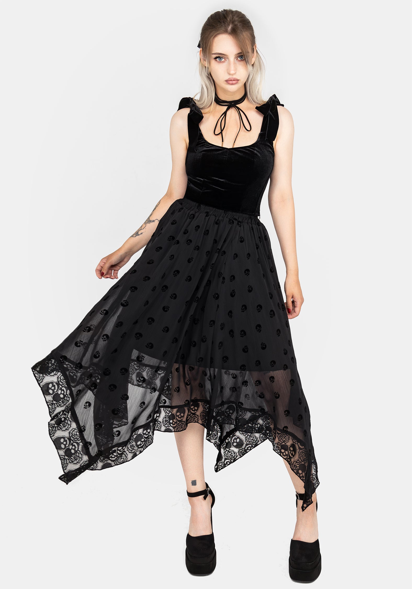 Flocked Skull Chiffon Handkerchief Hem Skirt | Memento Mori