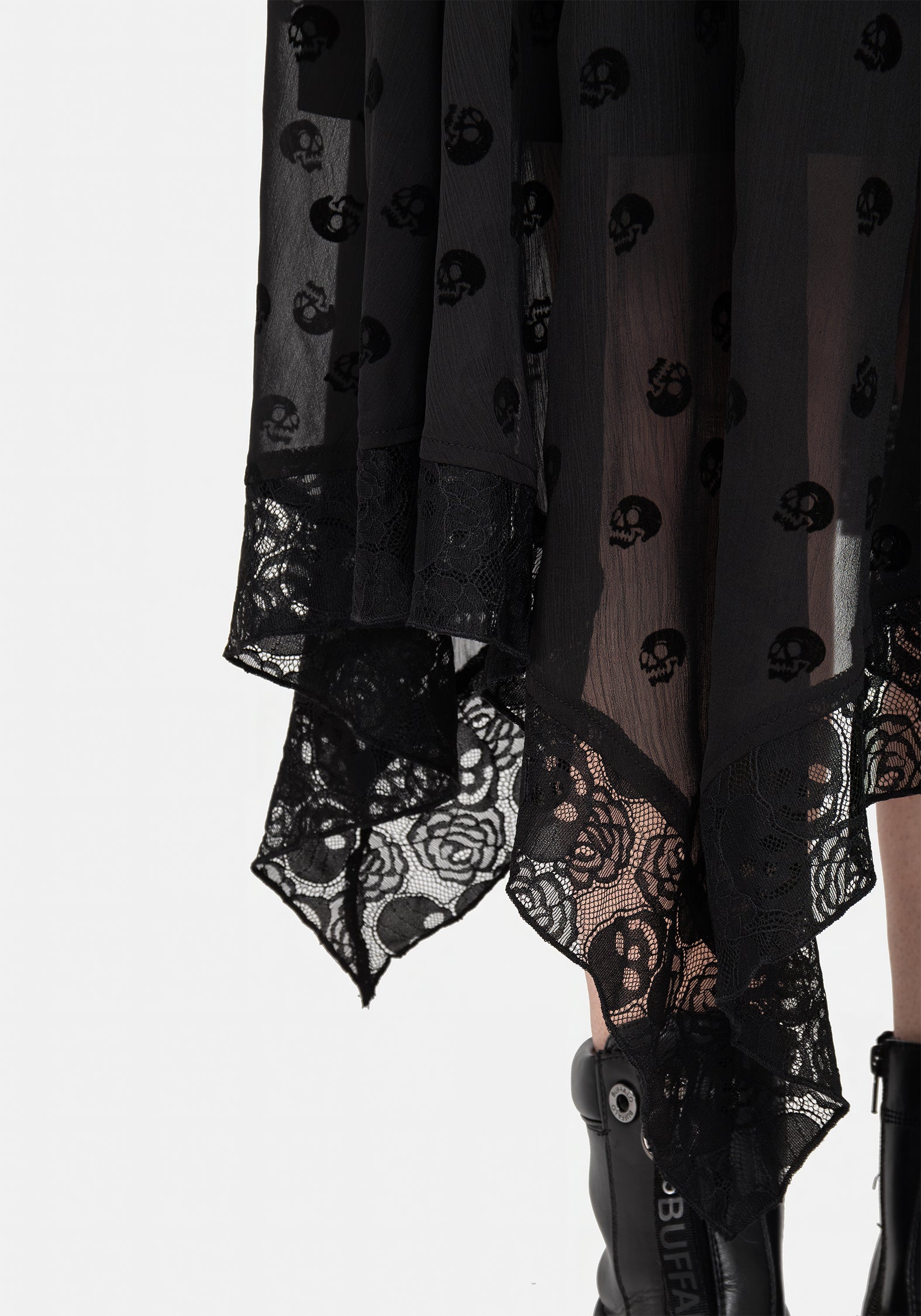 Flocked Skull Chiffon Handkerchief Hem Skirt | Memento Mori