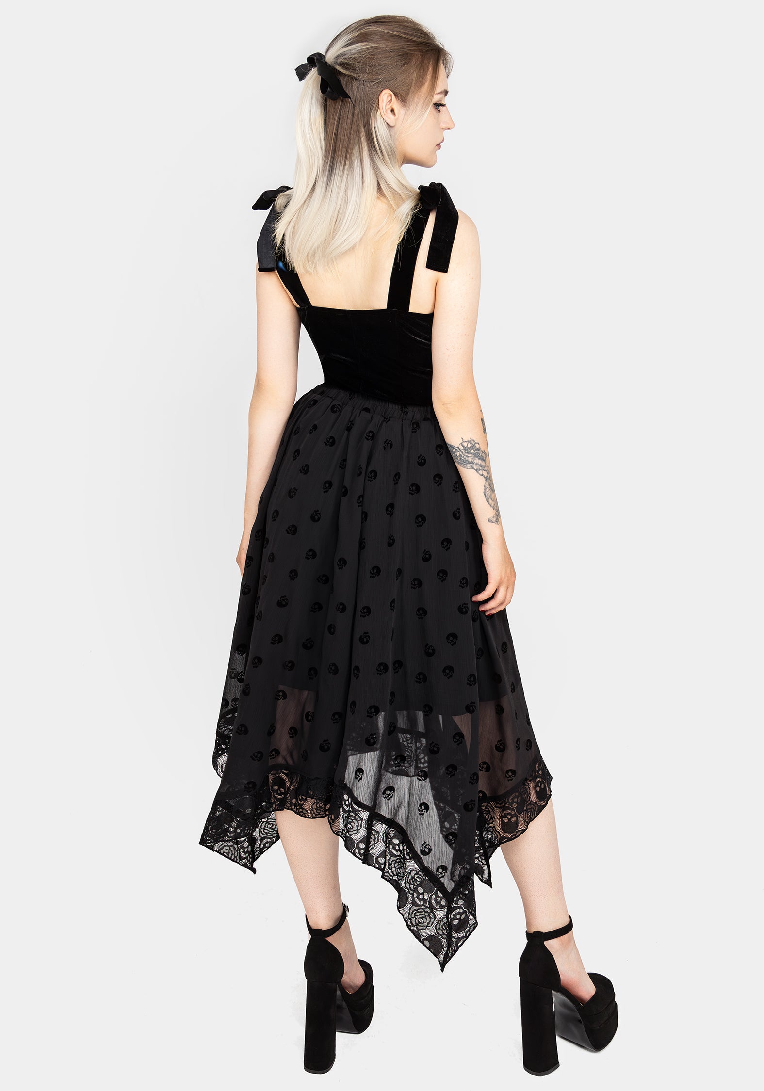 Flocked Skull Chiffon Handkerchief Hem Skirt | Memento Mori