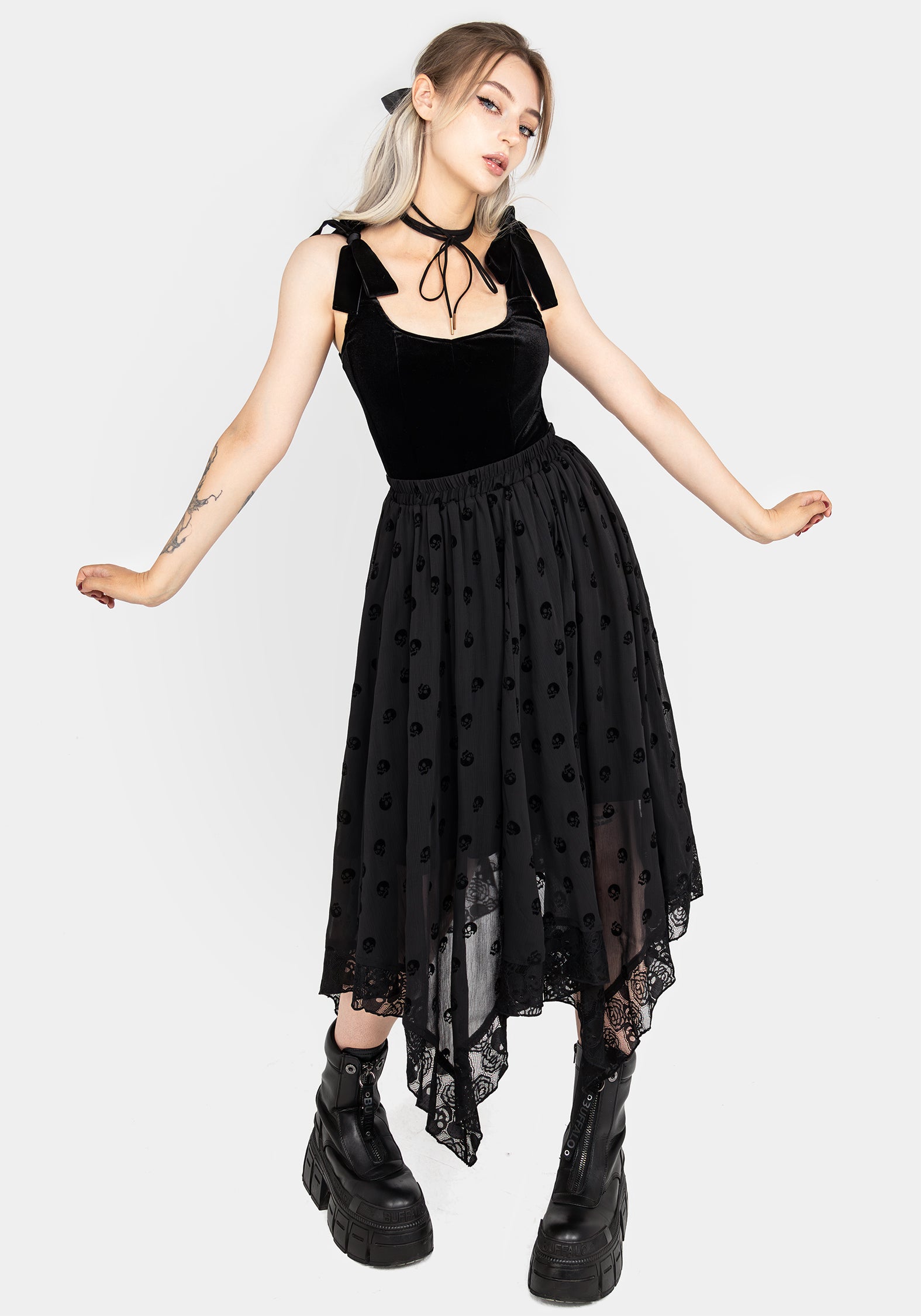Flocked Skull Chiffon Handkerchief Hem Skirt | Memento Mori