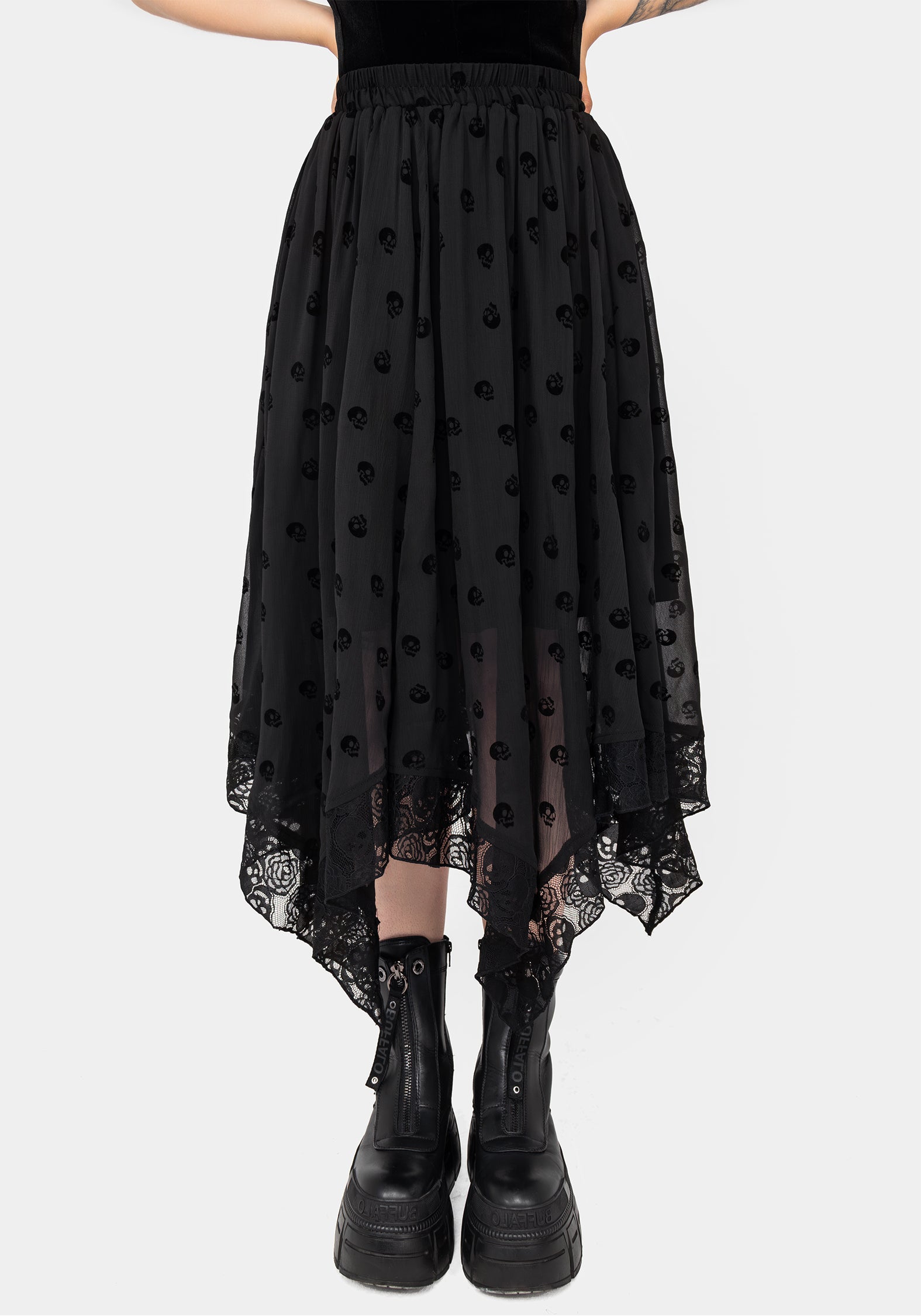 Flocked Skull Chiffon Handkerchief Hem Skirt | Memento Mori