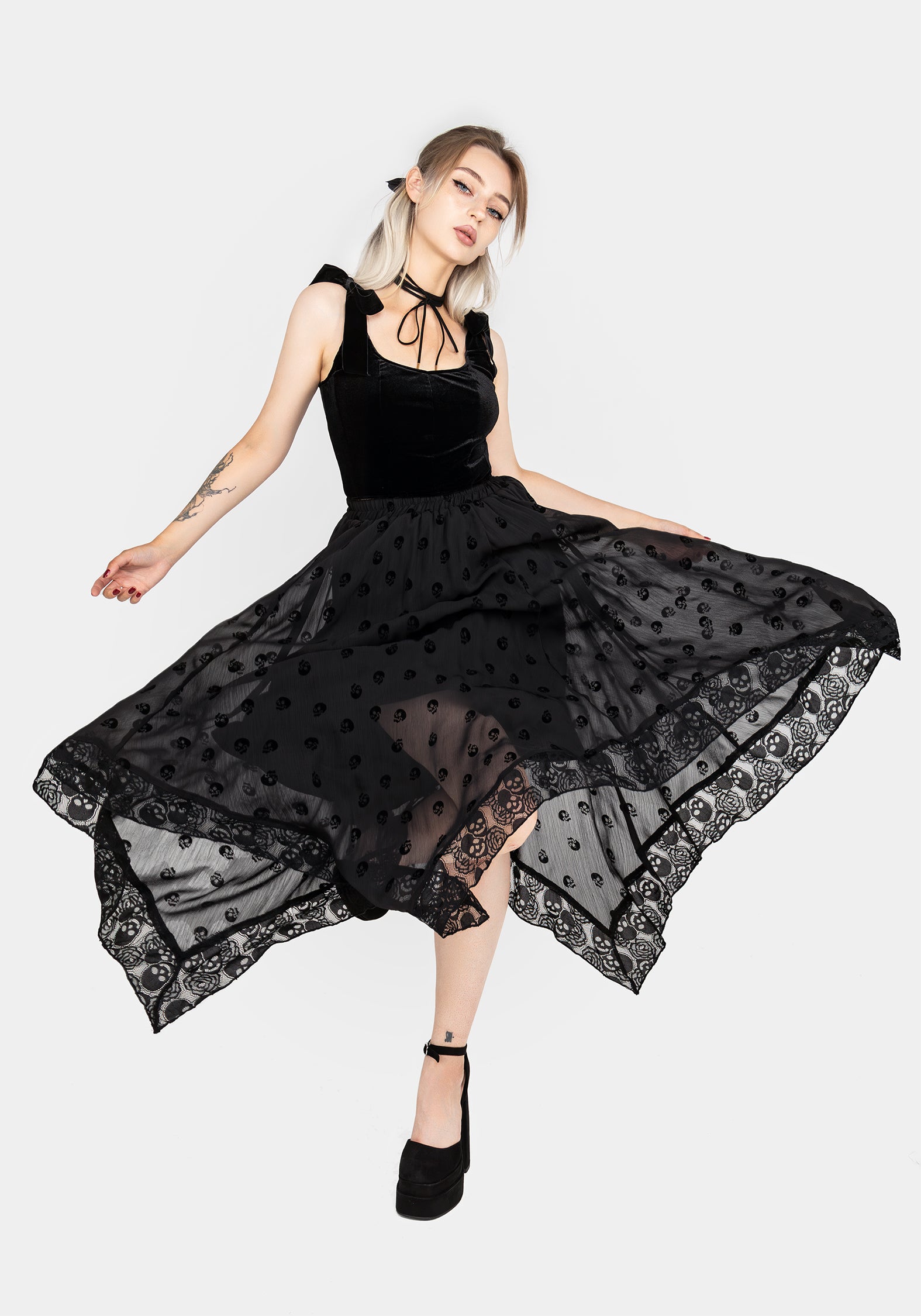 Flocked Skull Chiffon Handkerchief Hem Skirt | Memento Mori