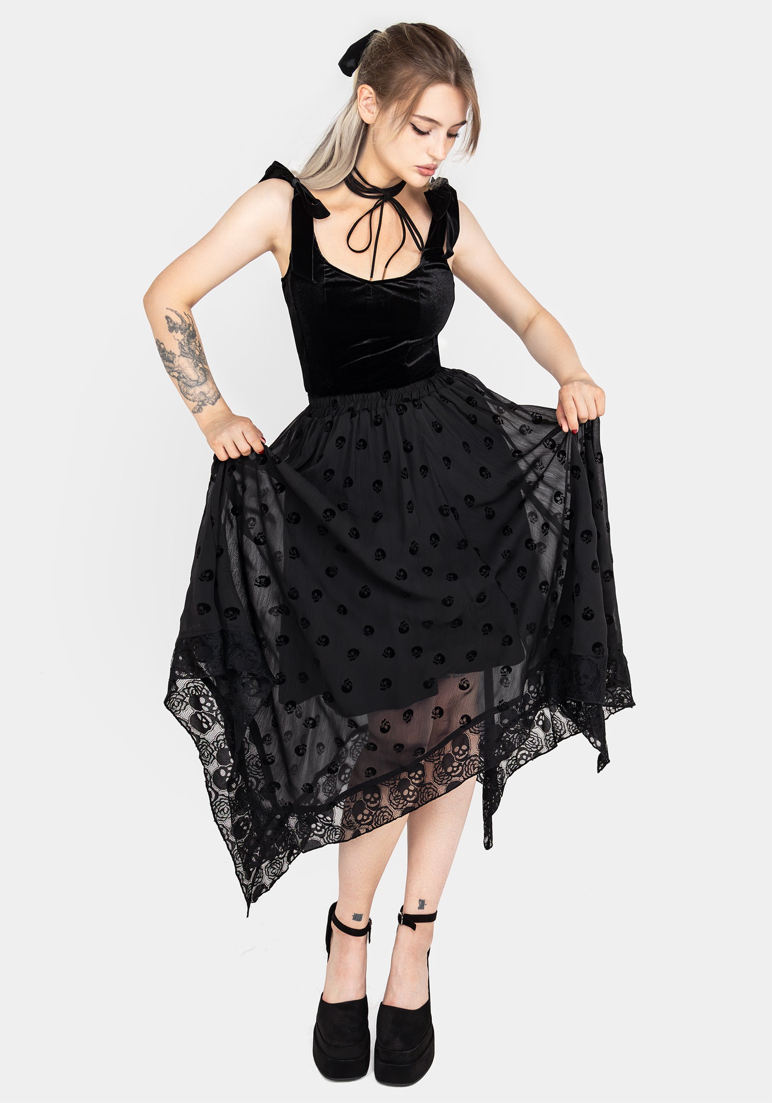 Flocked Skull Chiffon Handkerchief Hem Skirt | Memento Mori