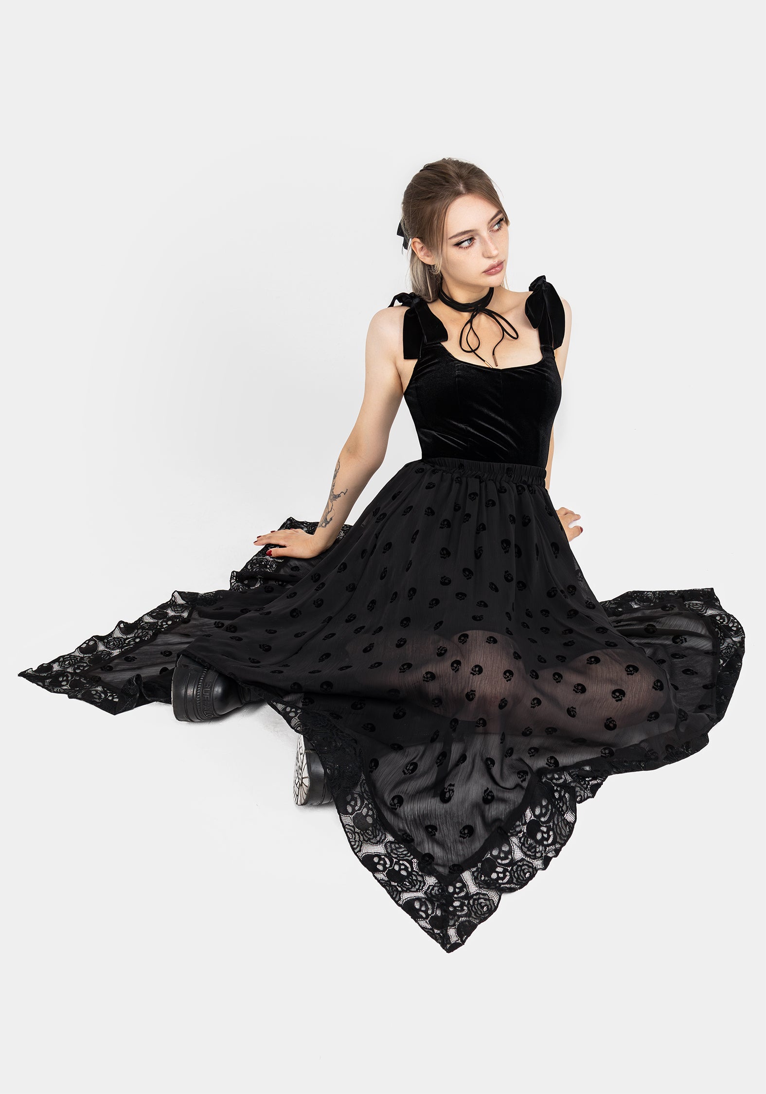 Flocked Skull Chiffon Handkerchief Hem Skirt | Memento Mori