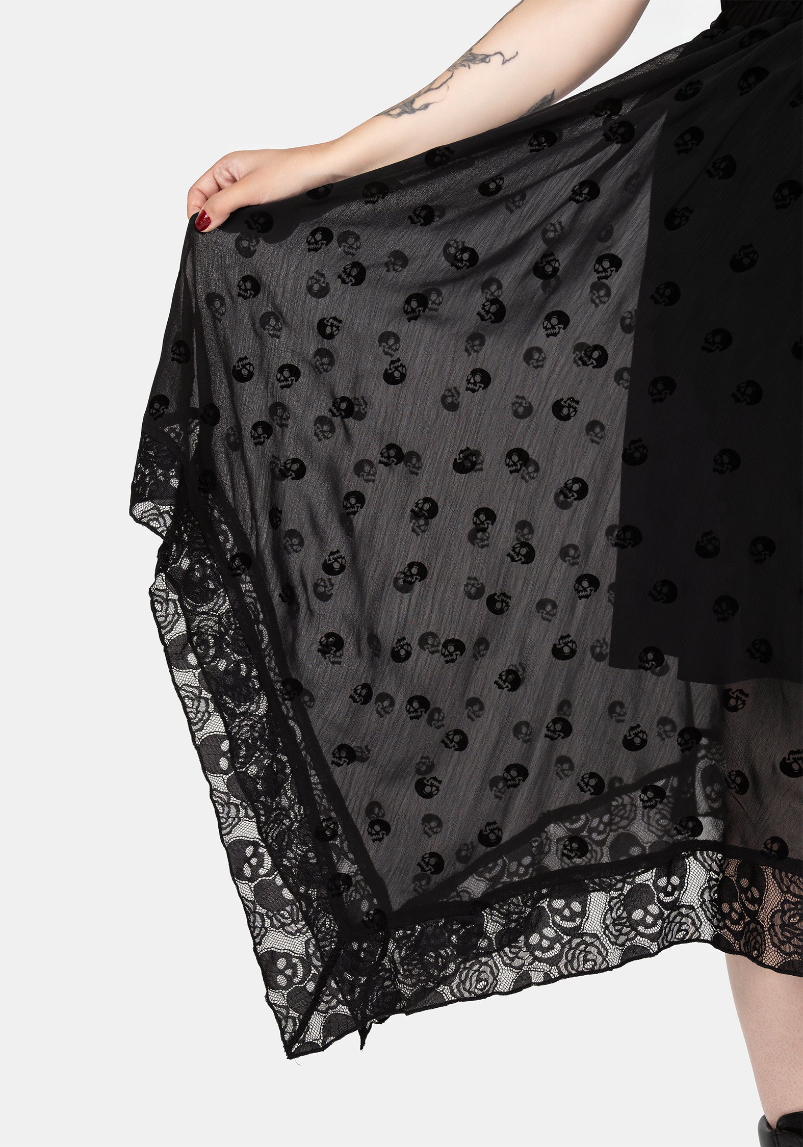Flocked Skull Chiffon Handkerchief Hem Skirt | Memento Mori