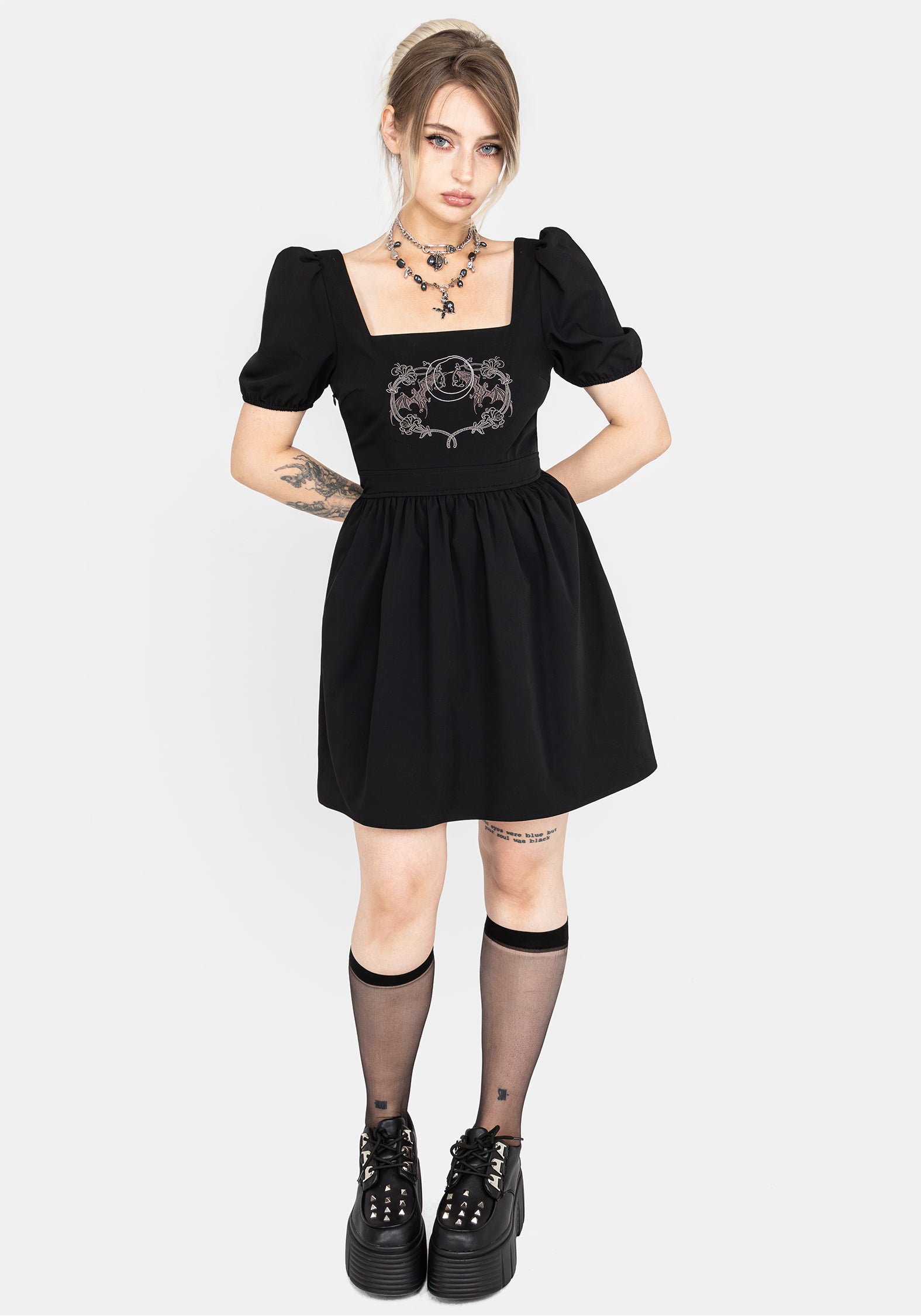 Black Bat Embroidered Puff Sleeve Mini Dress | Vampyrum