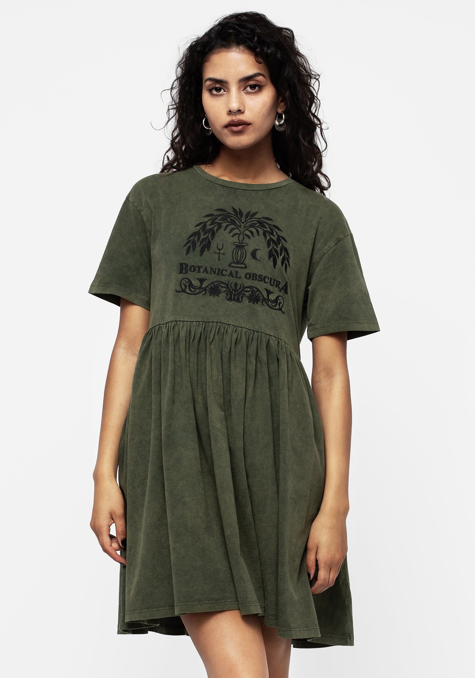 Green Cotton Mini Skater Dress with Botanical Graphic | Obscura