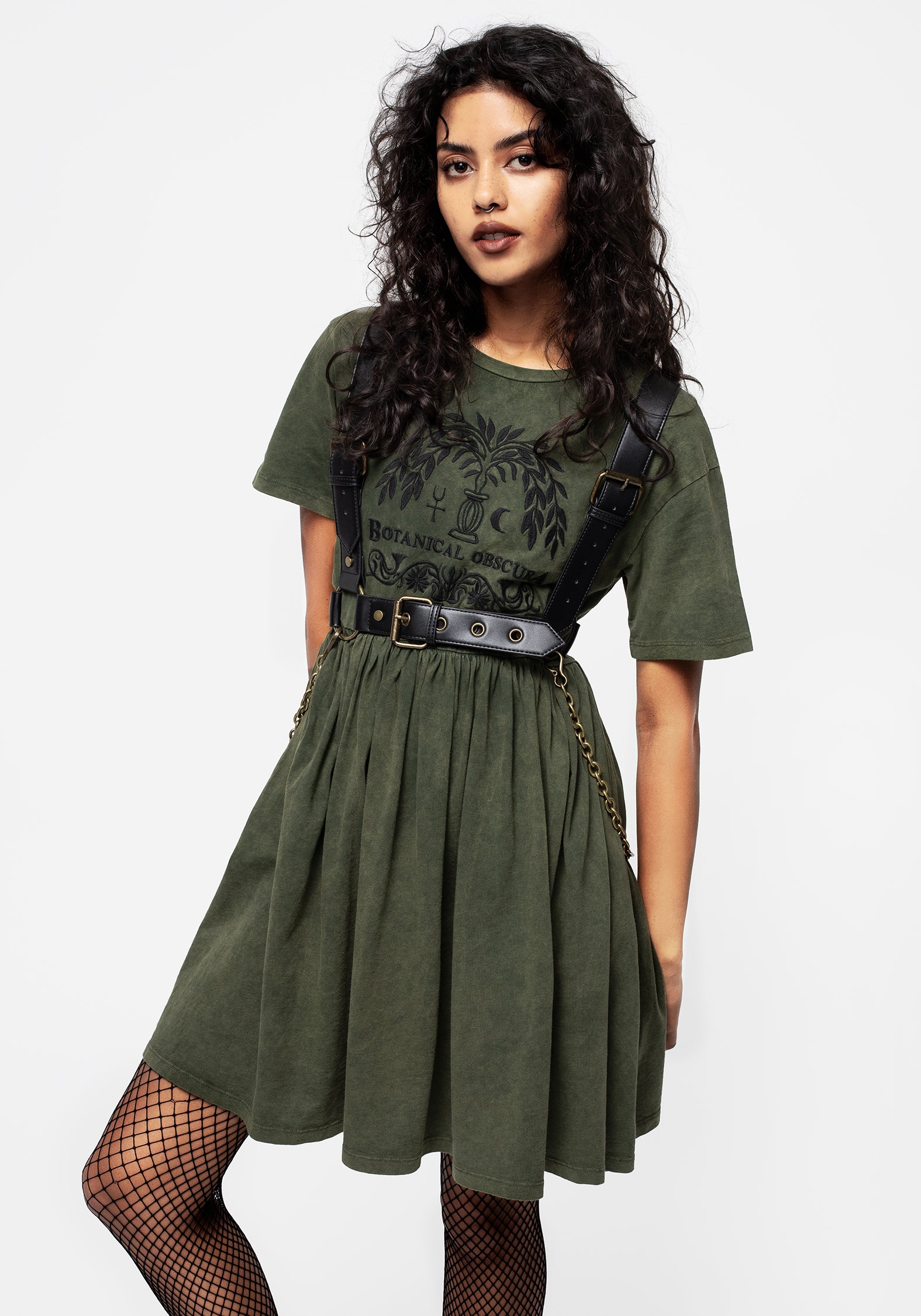 Green Cotton Mini Skater Dress with Botanical Graphic | Obscura