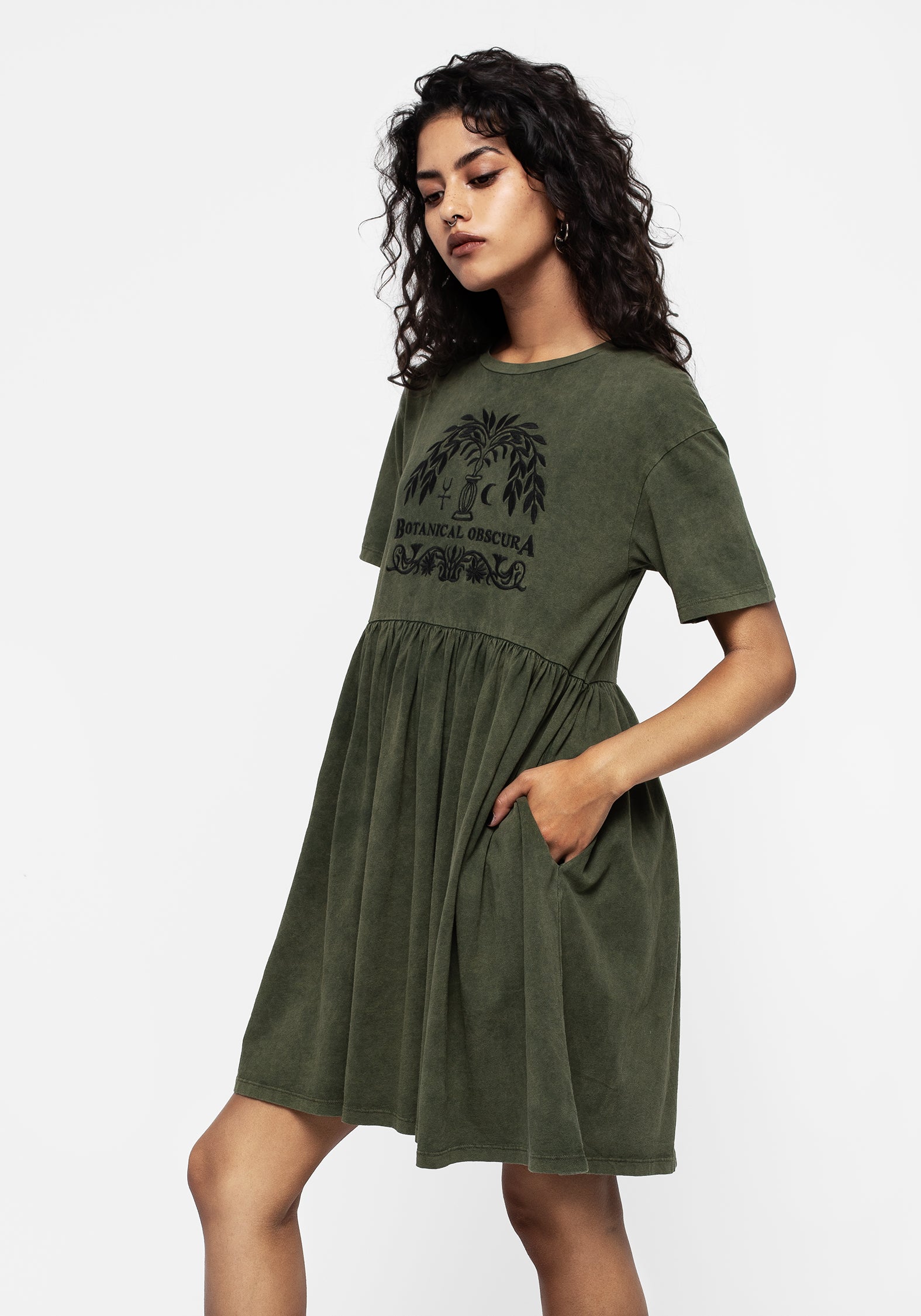 Green Cotton Mini Skater Dress with Botanical Graphic | Obscura