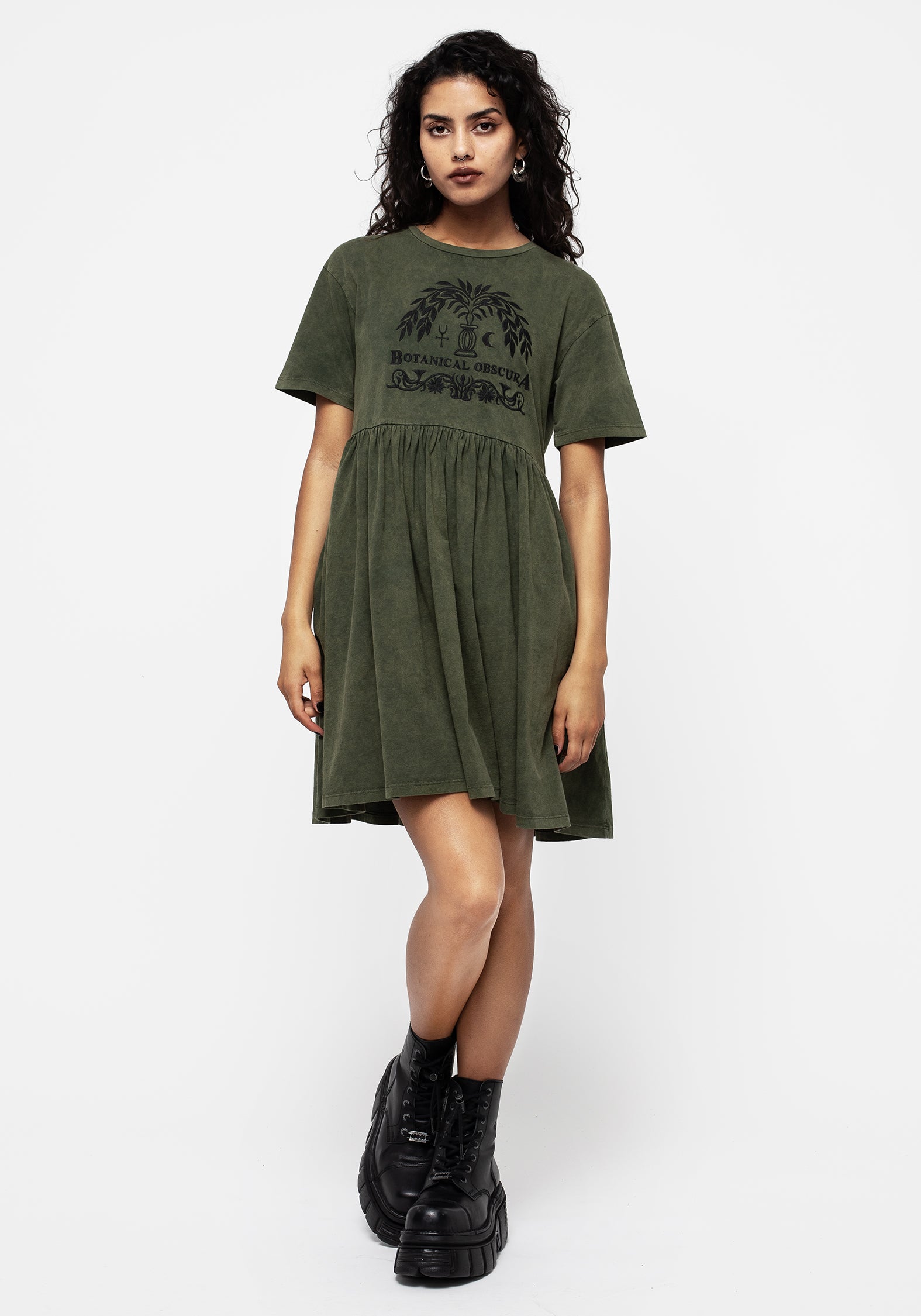 Green Cotton Mini Skater Dress with Botanical Graphic | Obscura