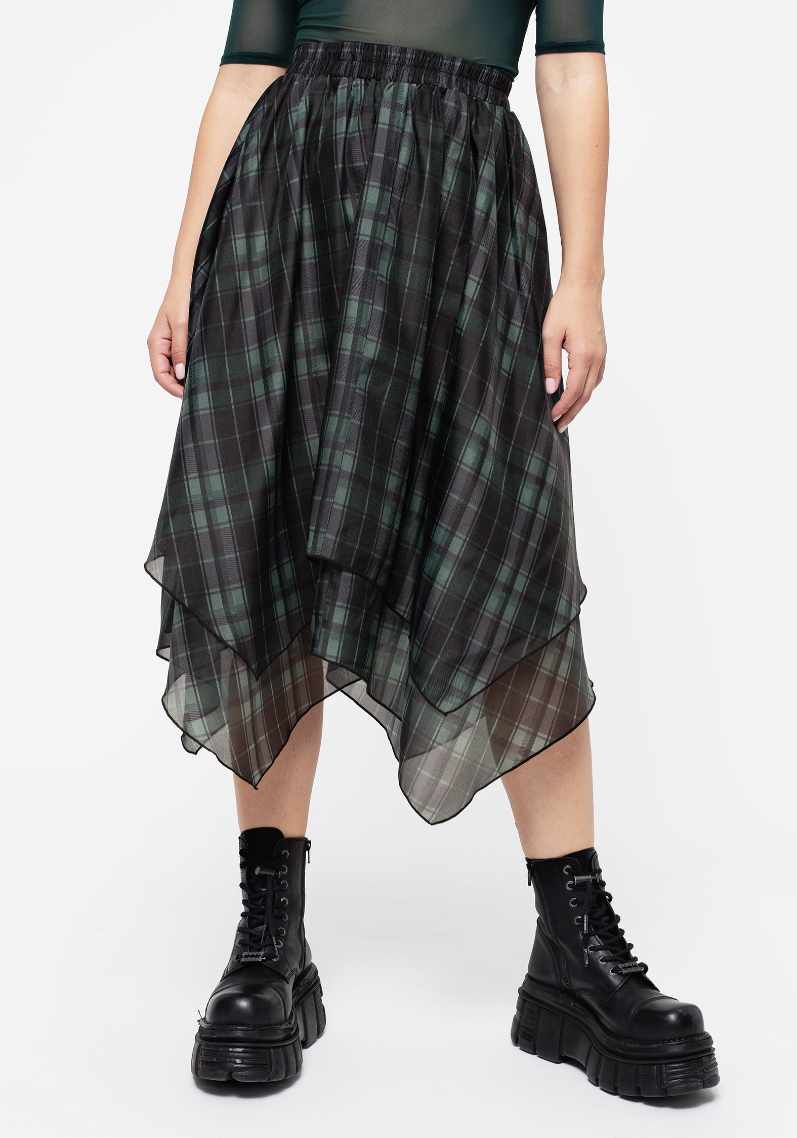 Black & Green Check Organza Handkerchief Hem Skirt | Checkmate