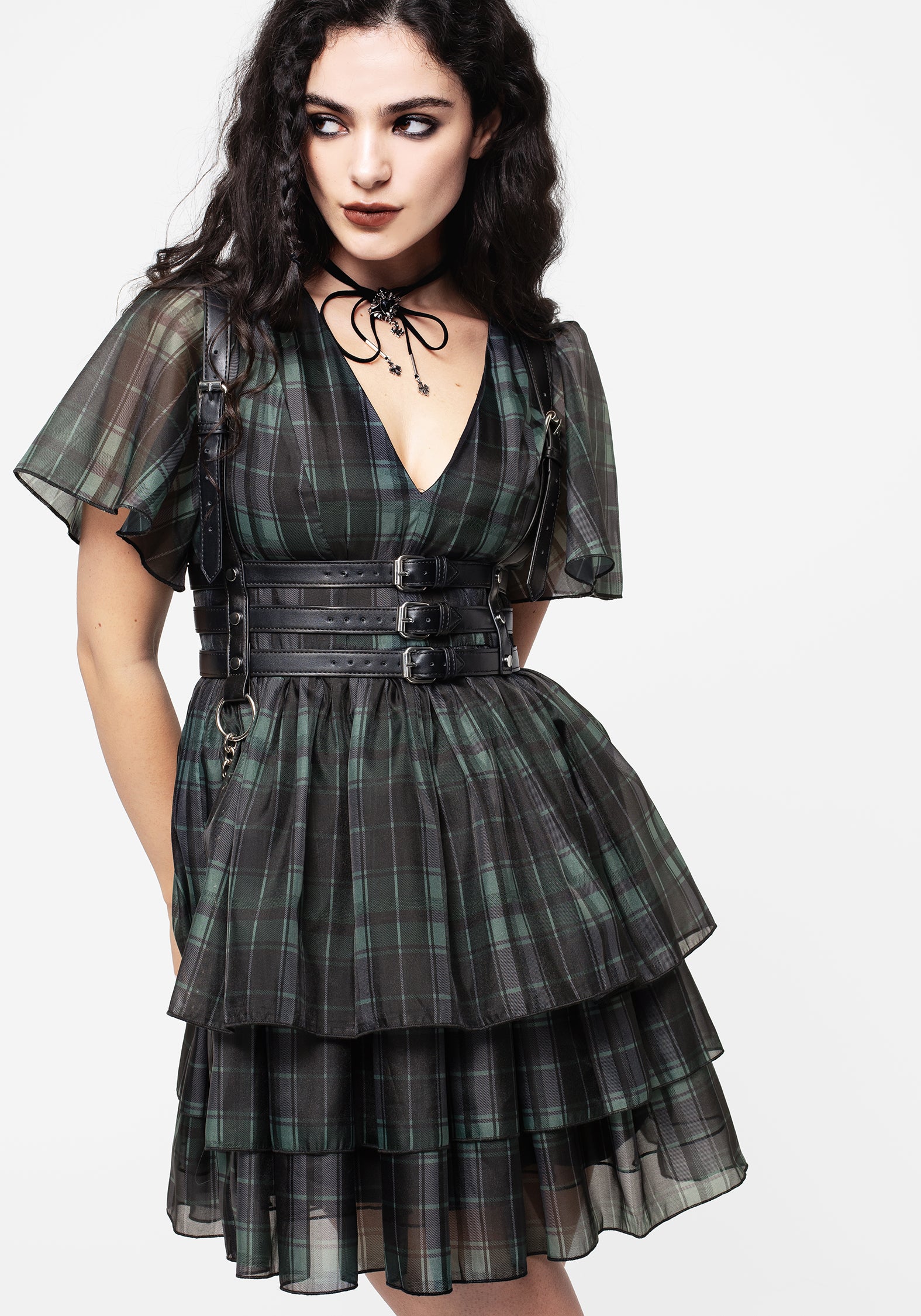 Black & Green Check Organza Mini Dress with Layered Skirt | Checkmate