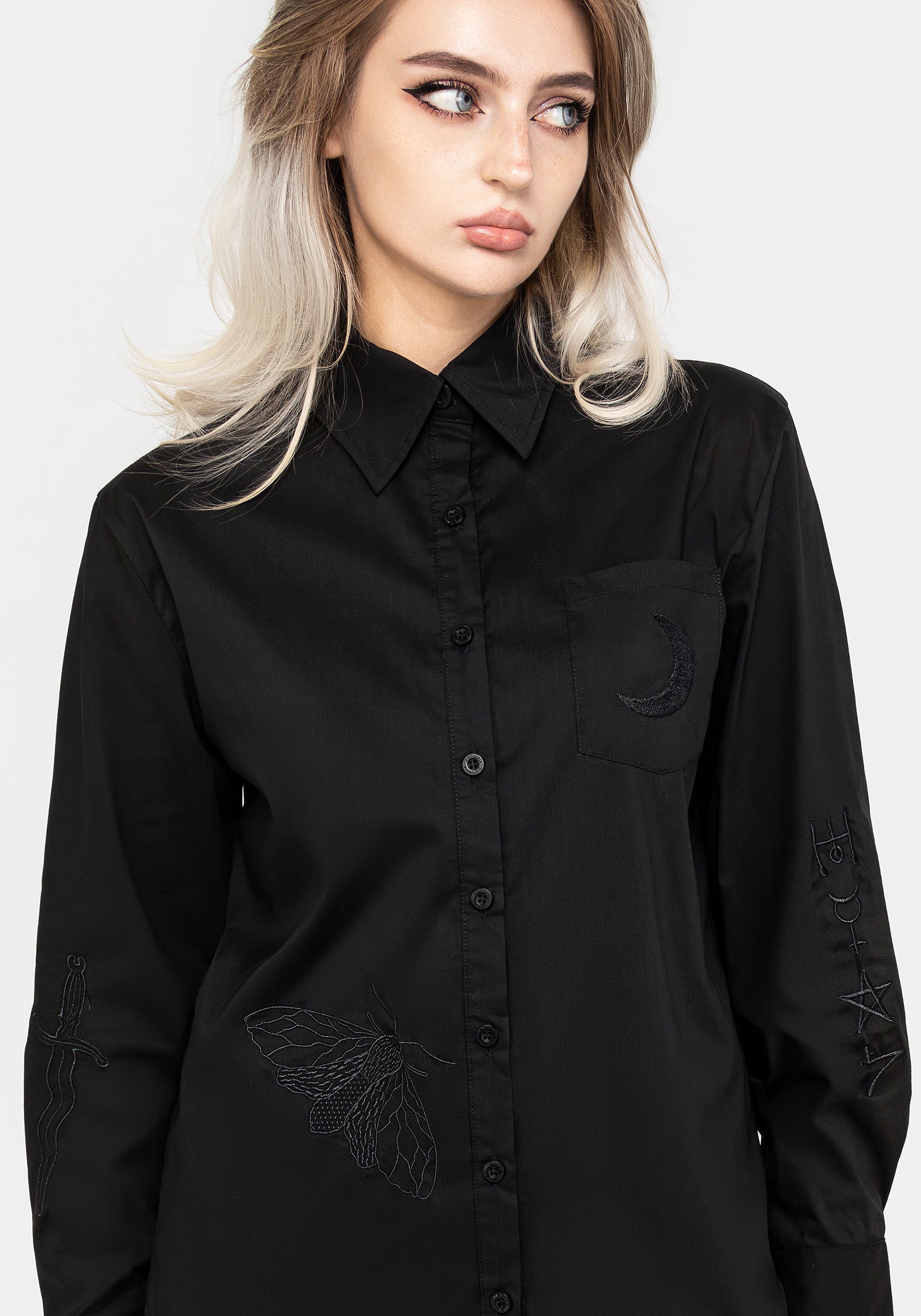 Embroidered Black Button-Up Shirt with Occult Symbolism | Amon