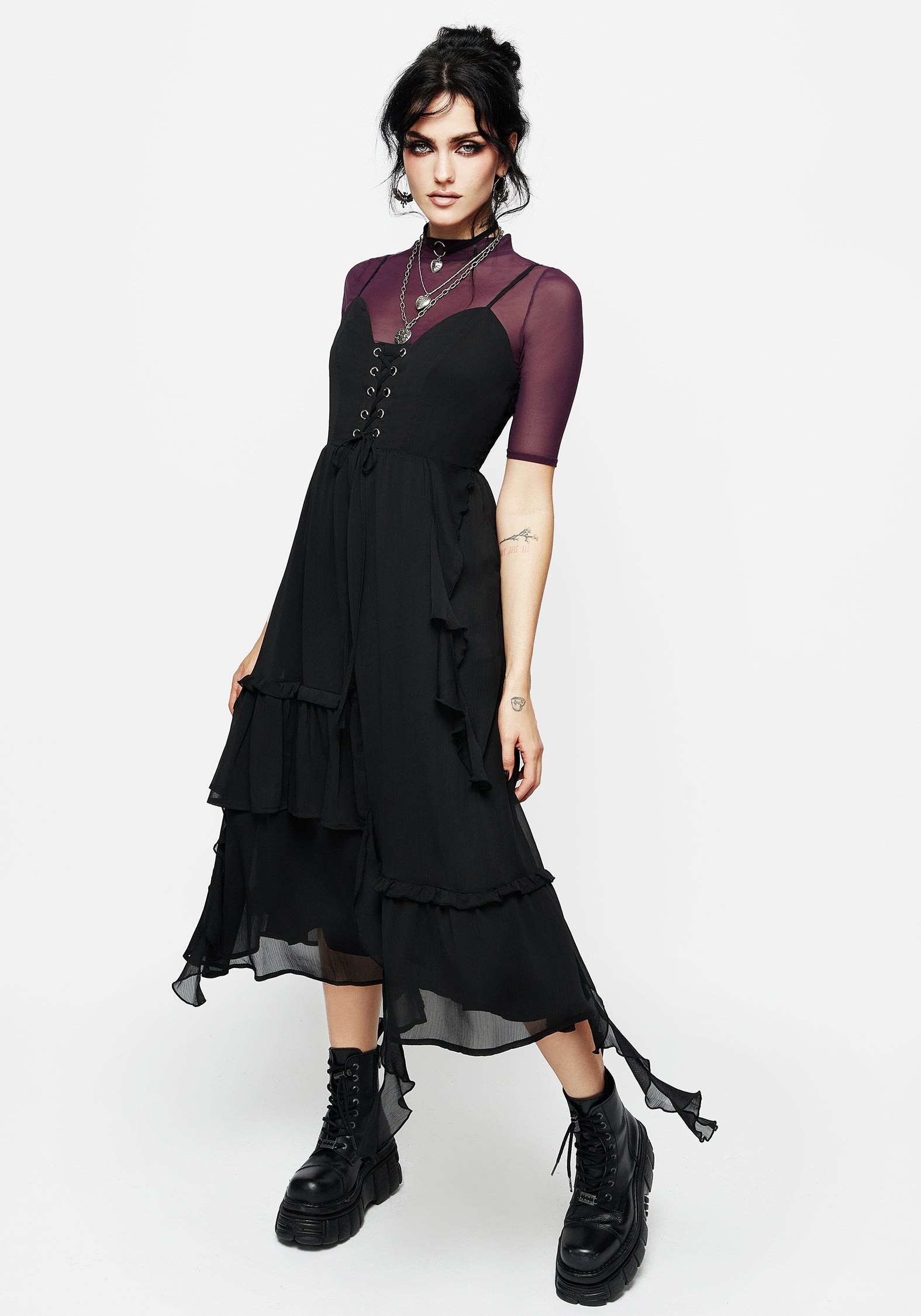 Black Lace Front Asymmetric Midi Dress with Pockets | Corsair