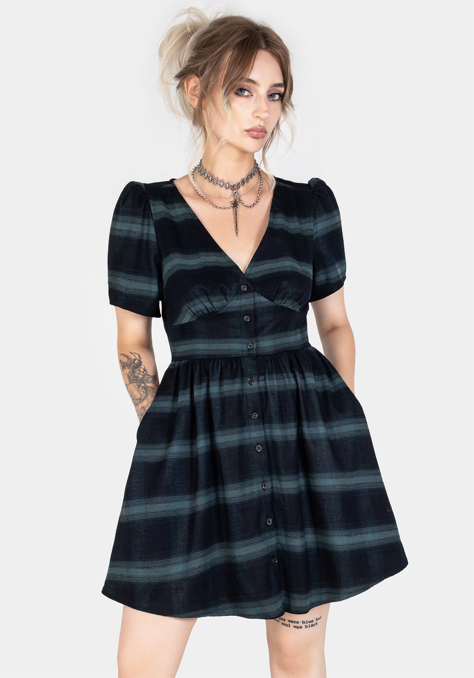 Green Check Button-Up Mini Dress with Corset Waist | Greenlee