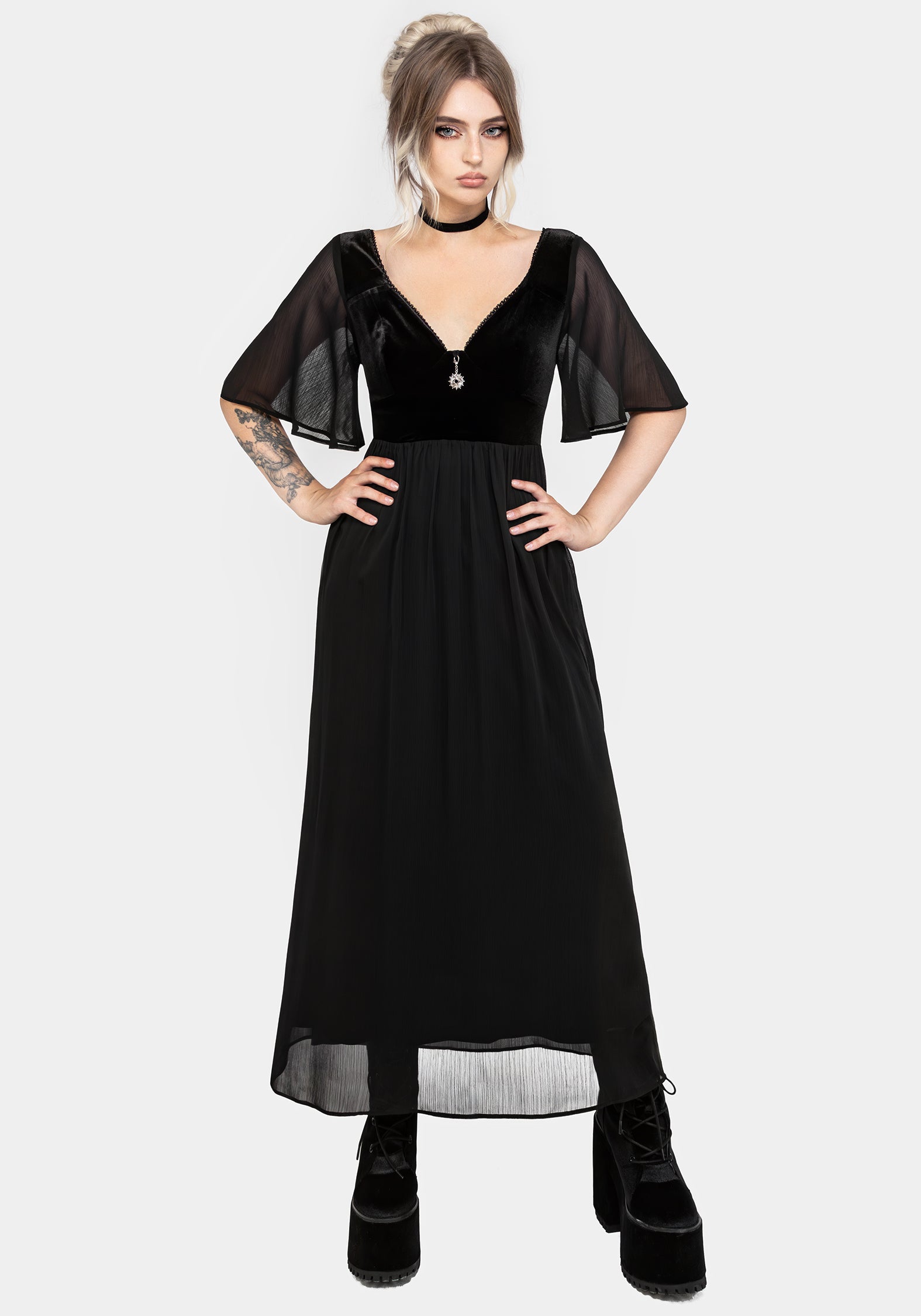 Black Velour & Chiffon Maxi Dress with Angel Sleeves | Oculist