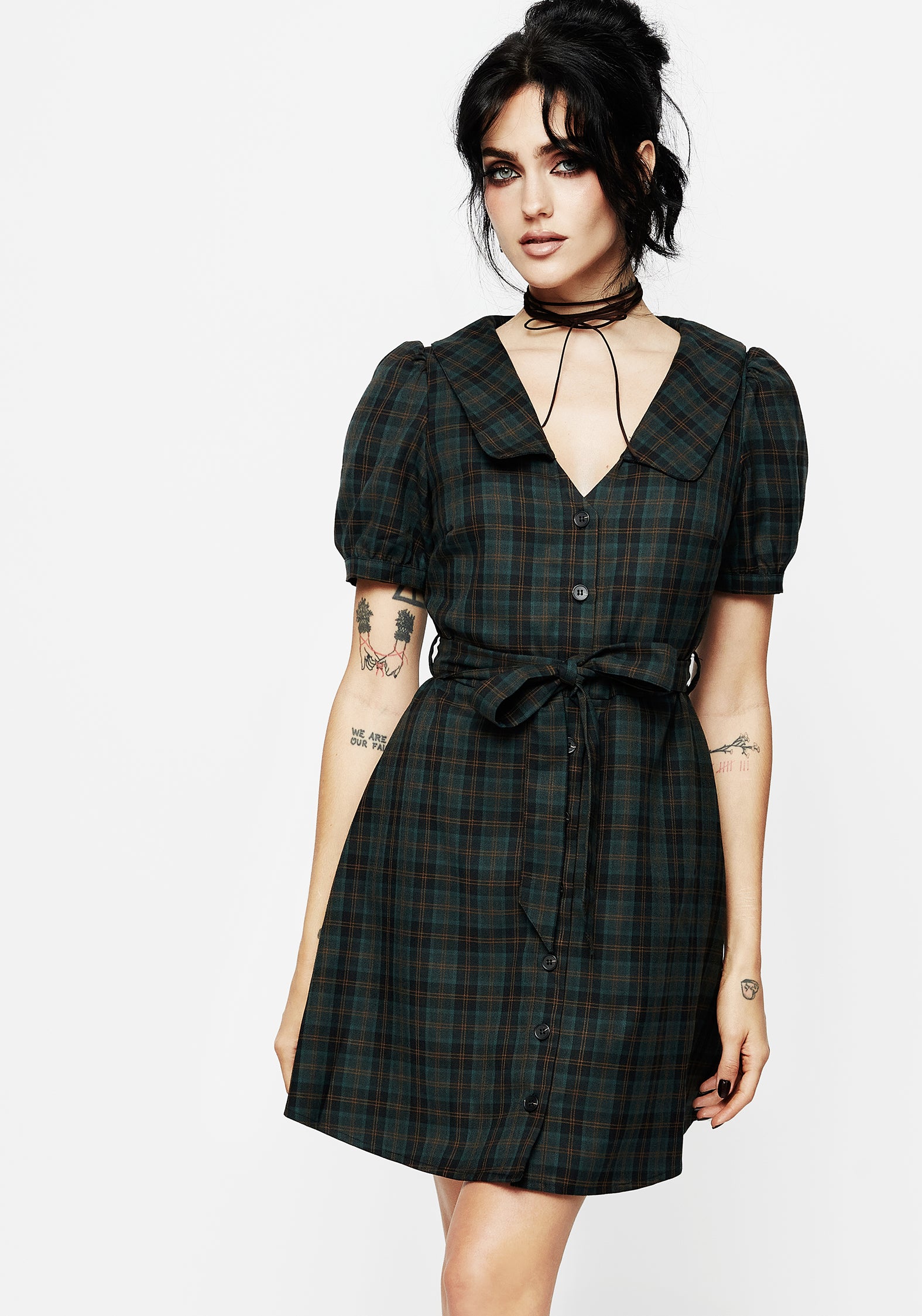 Green & Black Check Collar Mini Shirt Dress with Belt | Nightingale