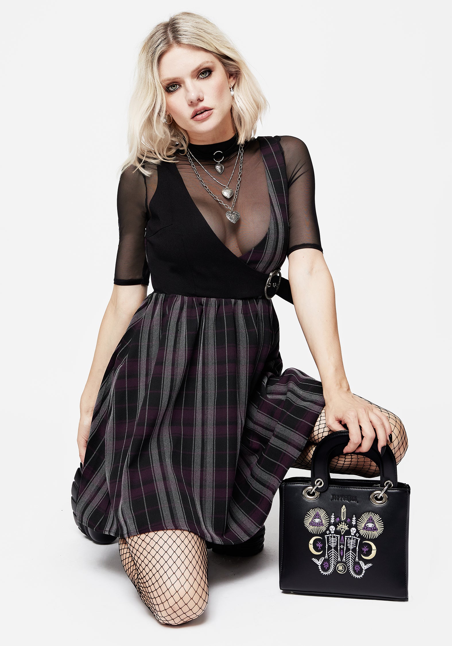 Purple Check Wrap Mini Dress with Buckle Detail | Gambit