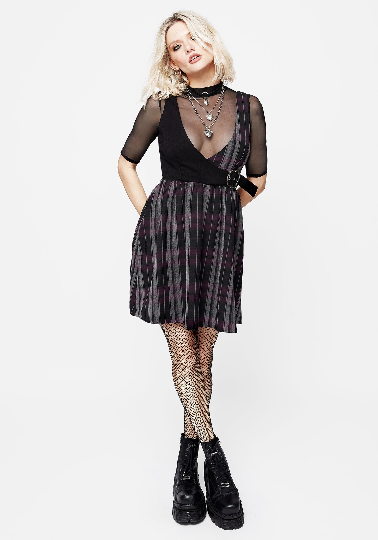 Purple Check Wrap Mini Dress with Buckle Detail | Gambit