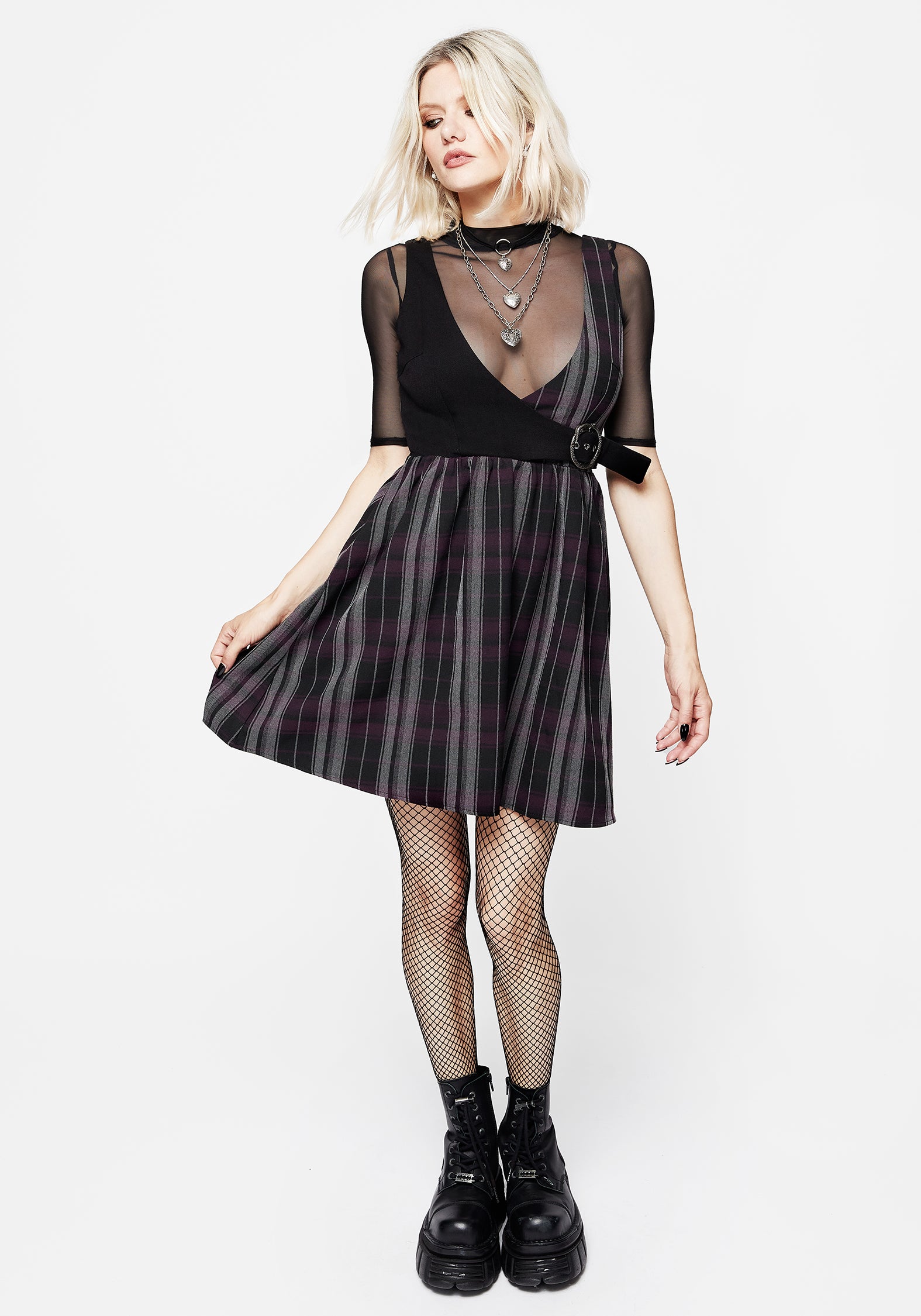 Purple Check Wrap Mini Dress with Buckle Detail | Gambit