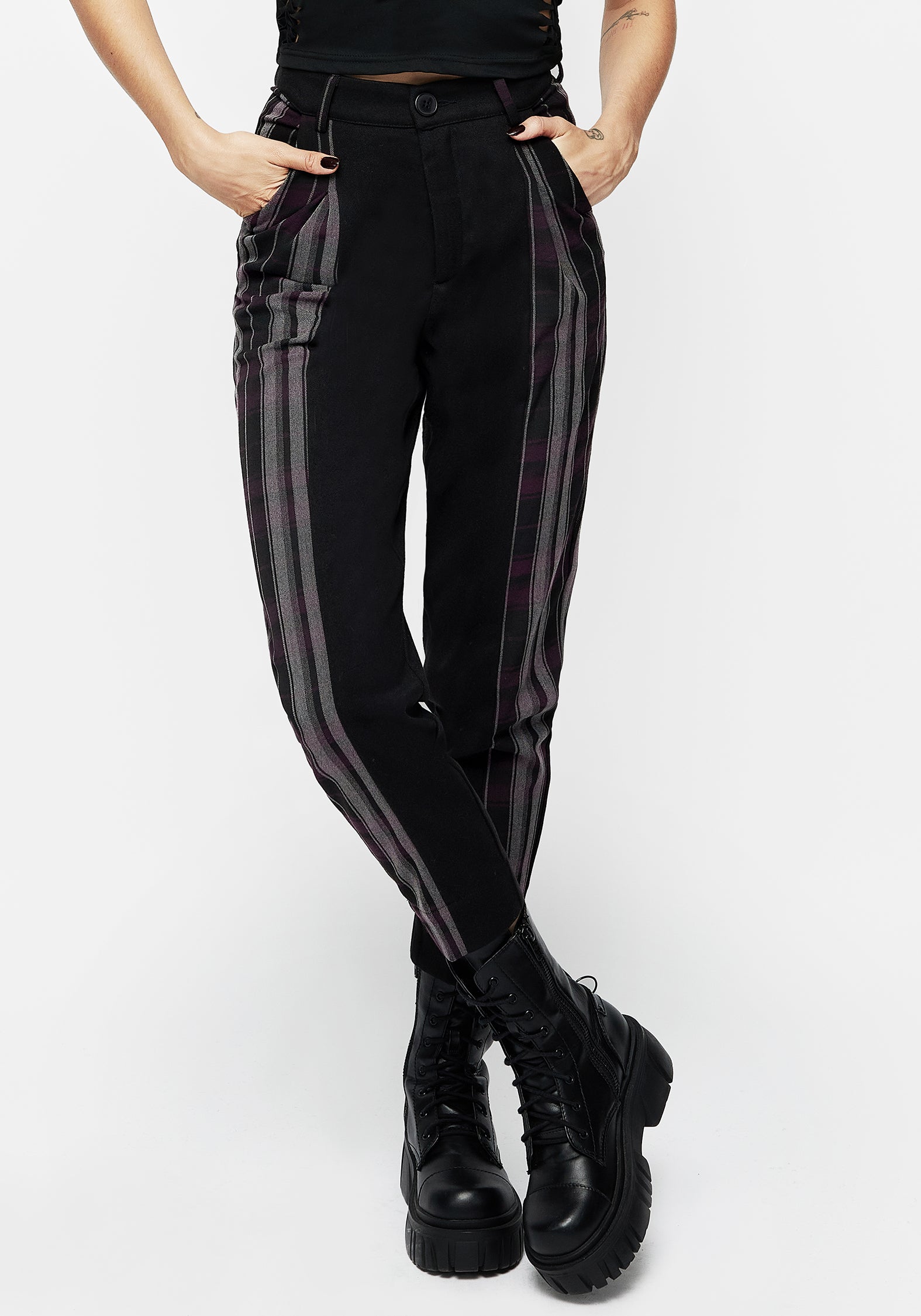 High Waisted Check Tapered Trousers with Split Design | Gambit