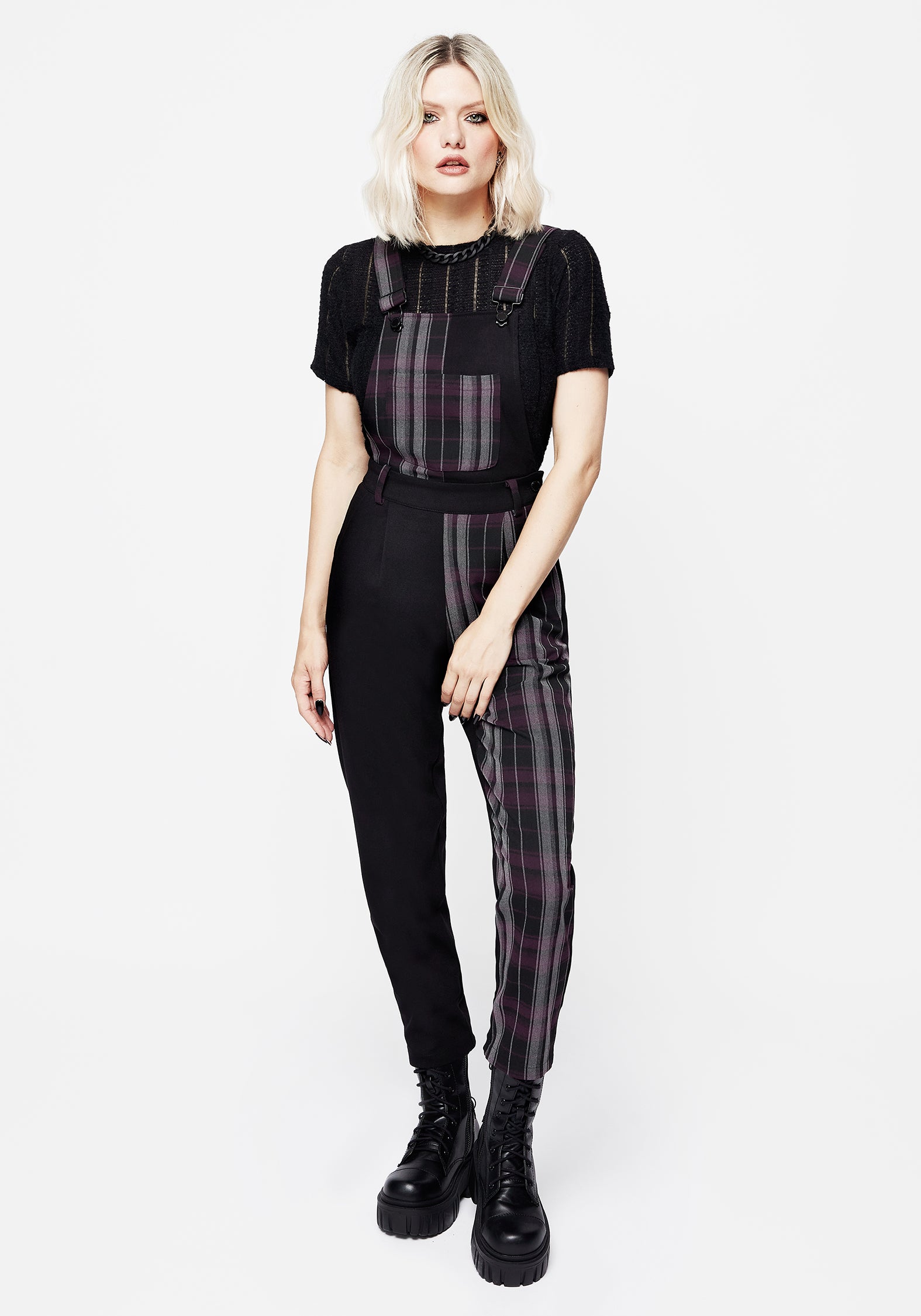 Purple & Grey Check Dungarees with Adjustable Straps | Gambit