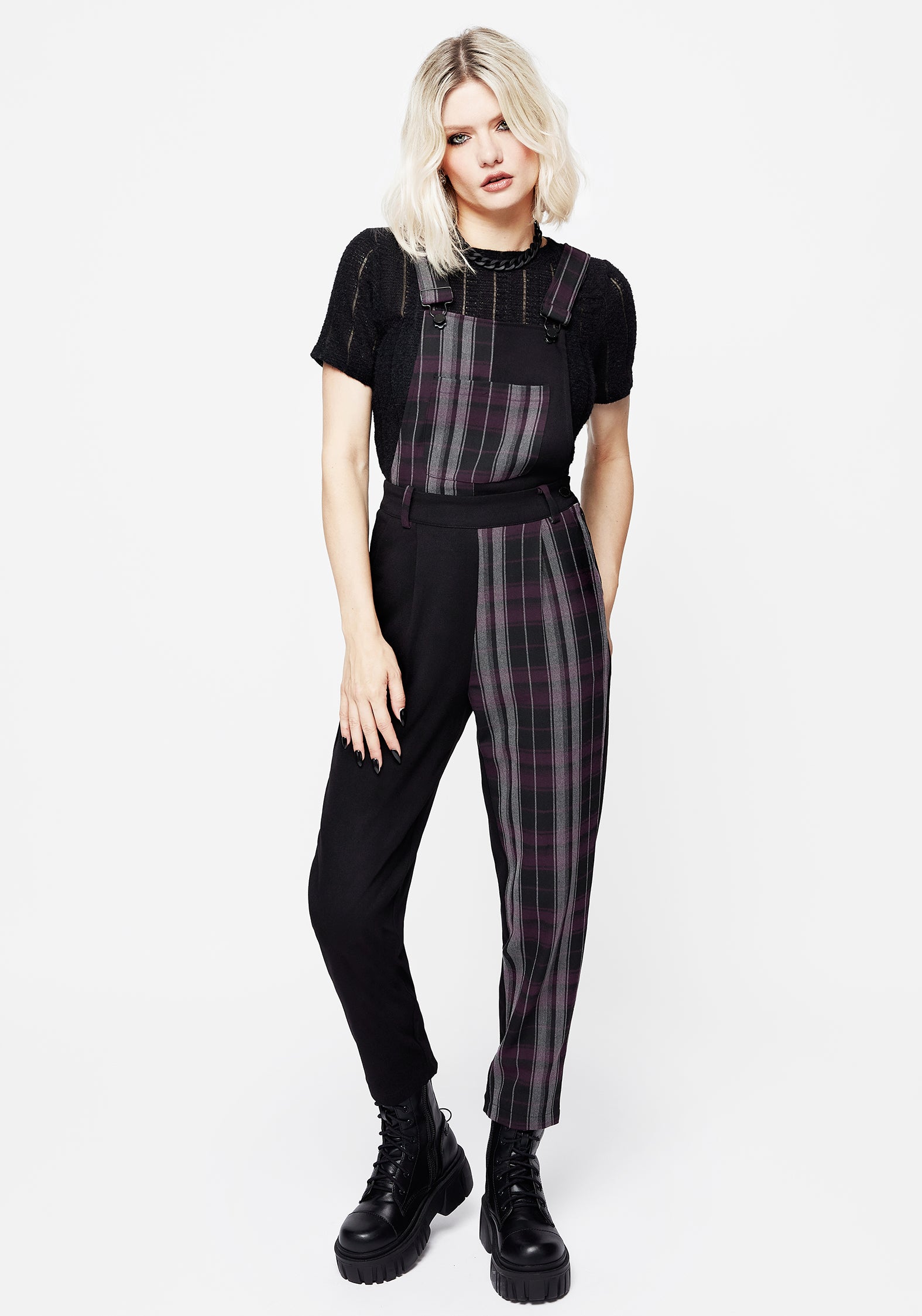 Purple & Grey Check Dungarees with Adjustable Straps | Gambit