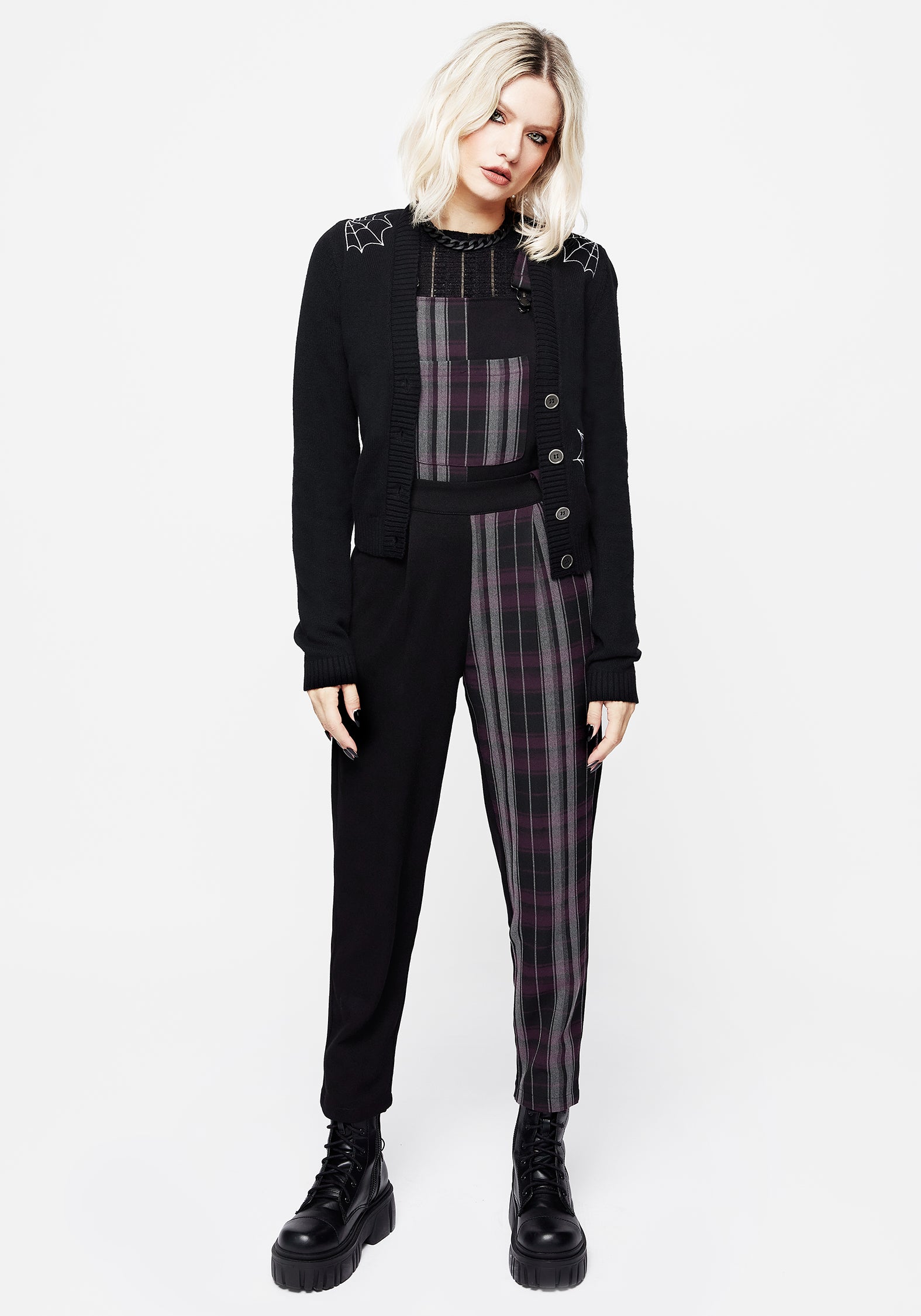 Purple & Grey Check Dungarees with Adjustable Straps | Gambit