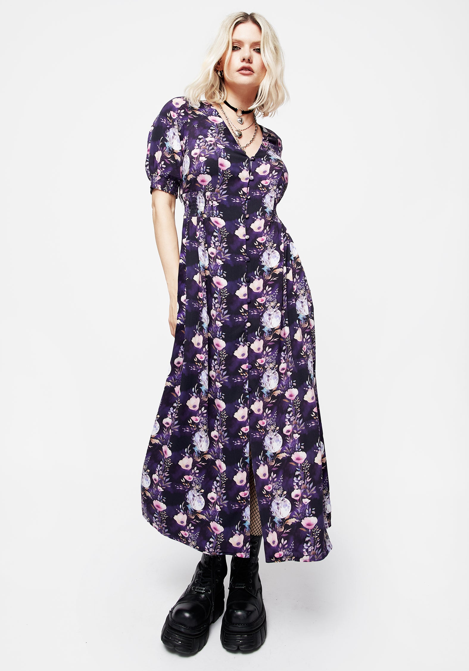 Floral Moon Print Ruched Waist Midi Dress | Socordia