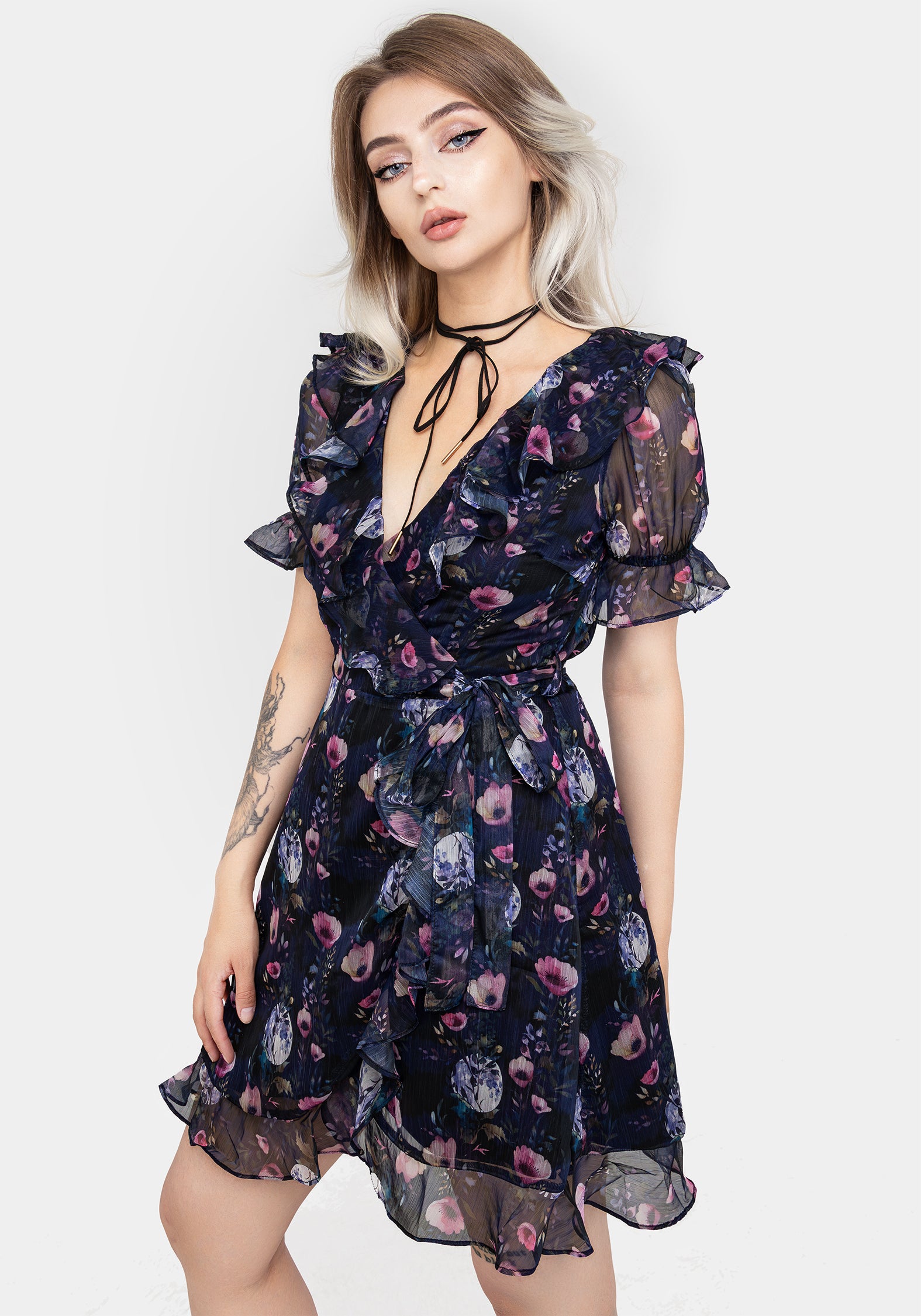 Floral Wrap Mini Dress with Frill Trim & Puff Sleeves | Socordia