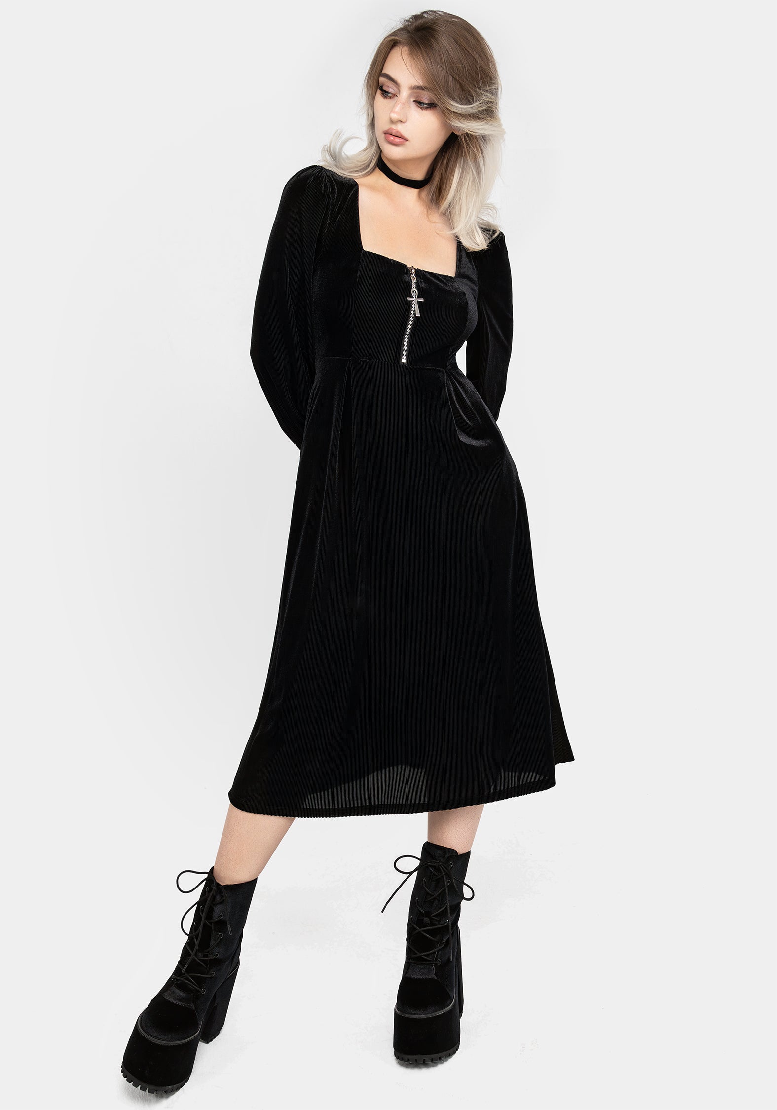 Black Velour Zip Front Midi Dress with Puff Sleeves & Pockets