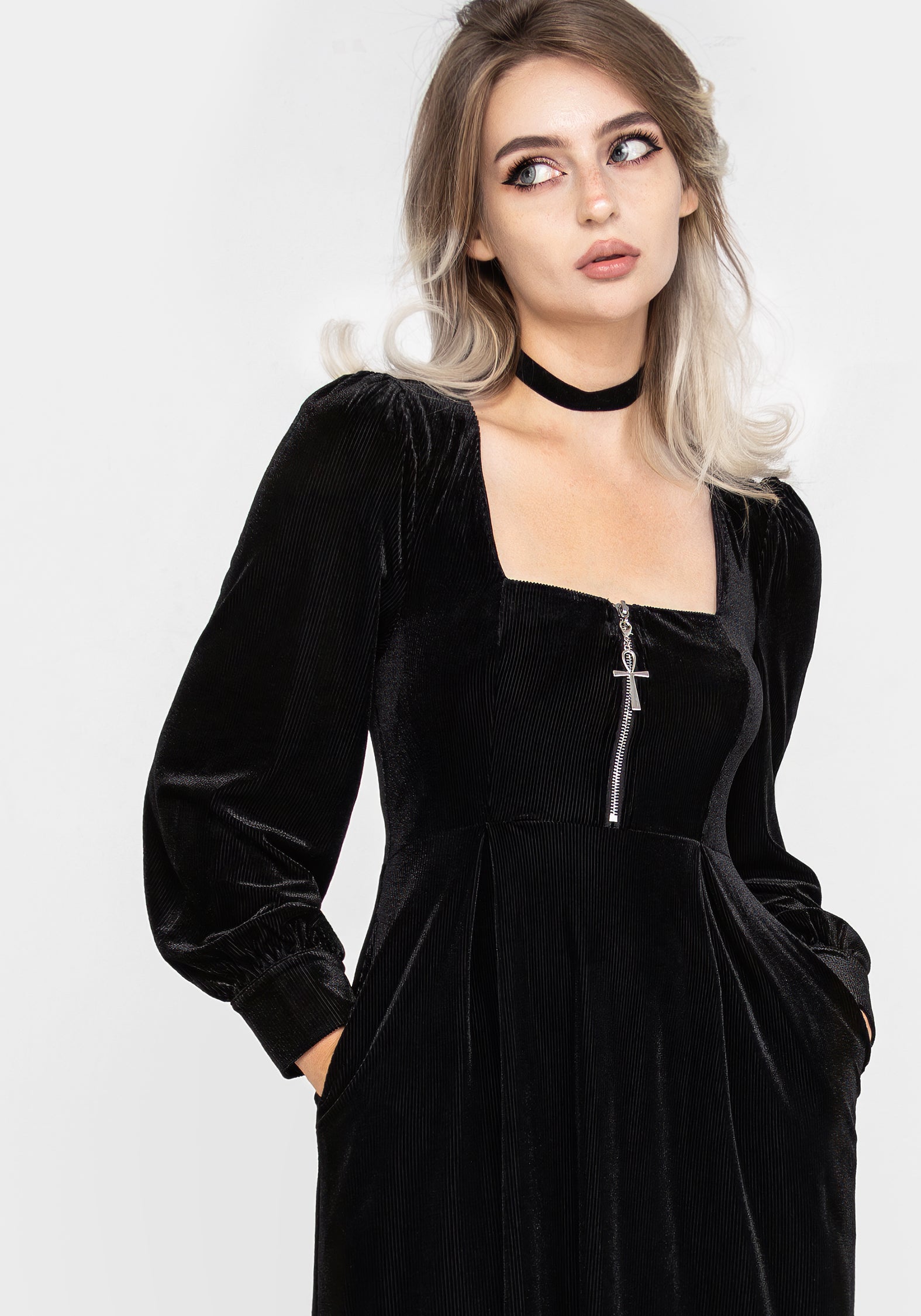 Black Velour Zip Front Midi Dress with Puff Sleeves & Pockets