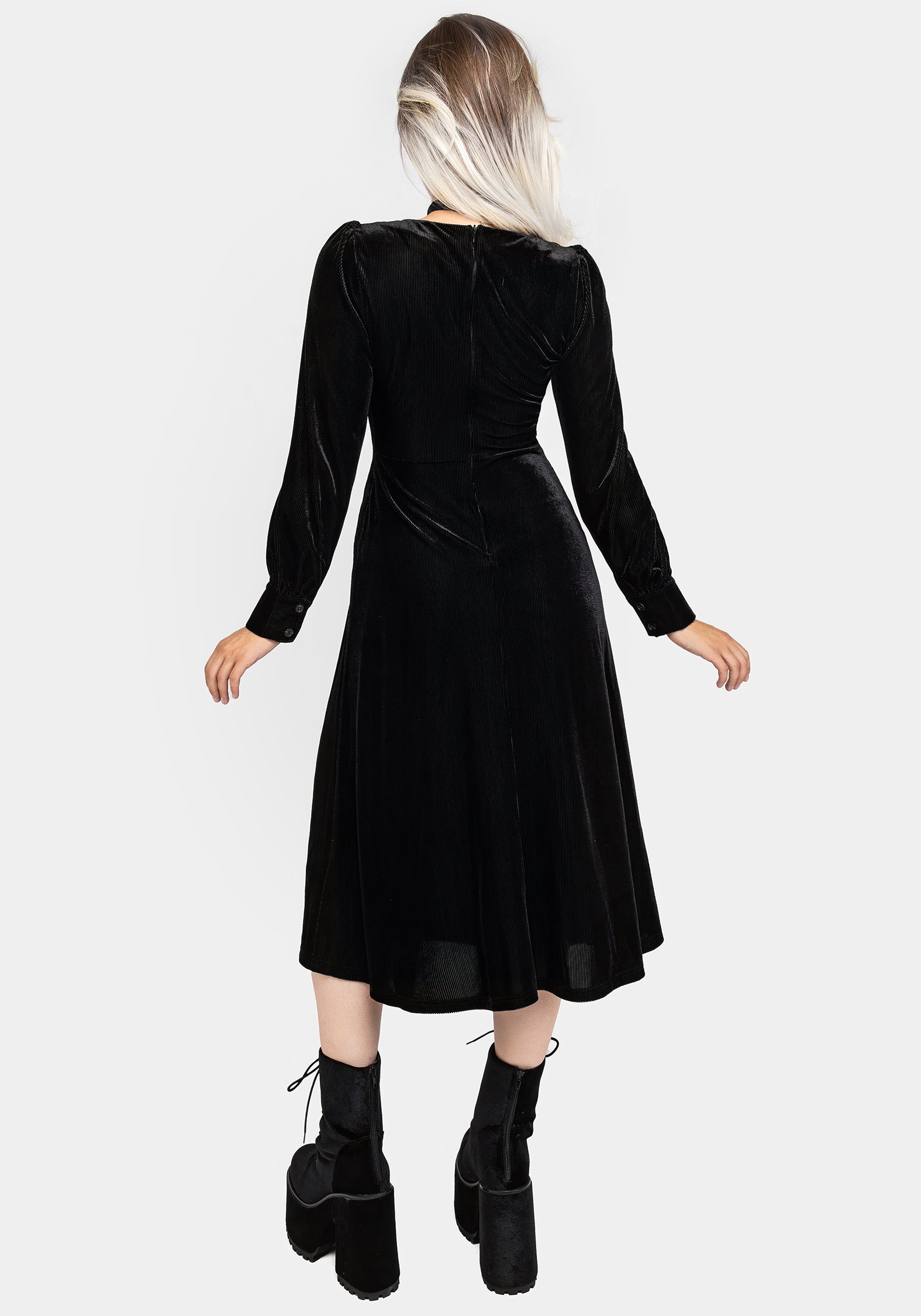 Black Velour Zip Front Midi Dress with Puff Sleeves & Pockets
