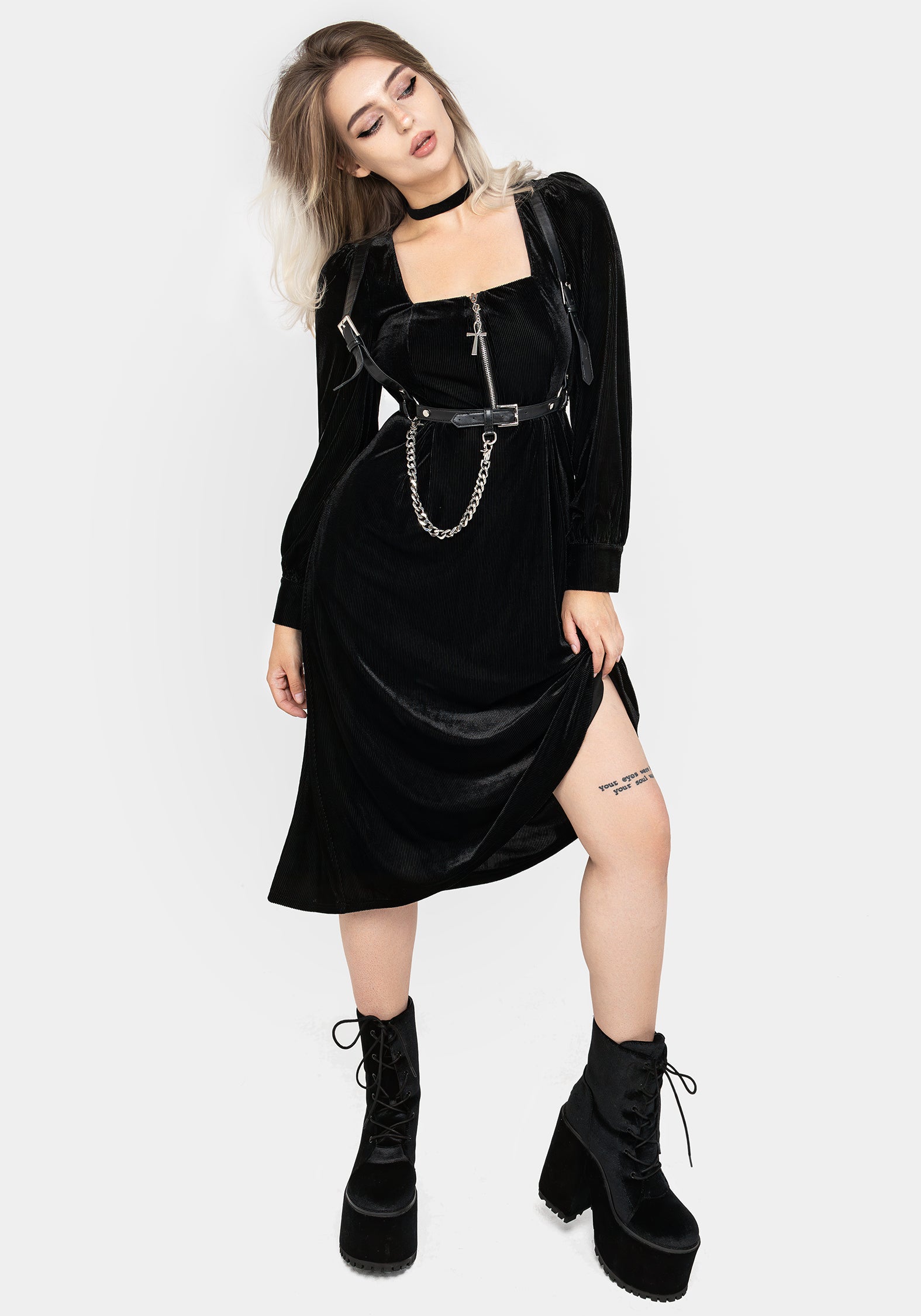 Black Velour Zip Front Midi Dress with Puff Sleeves & Pockets