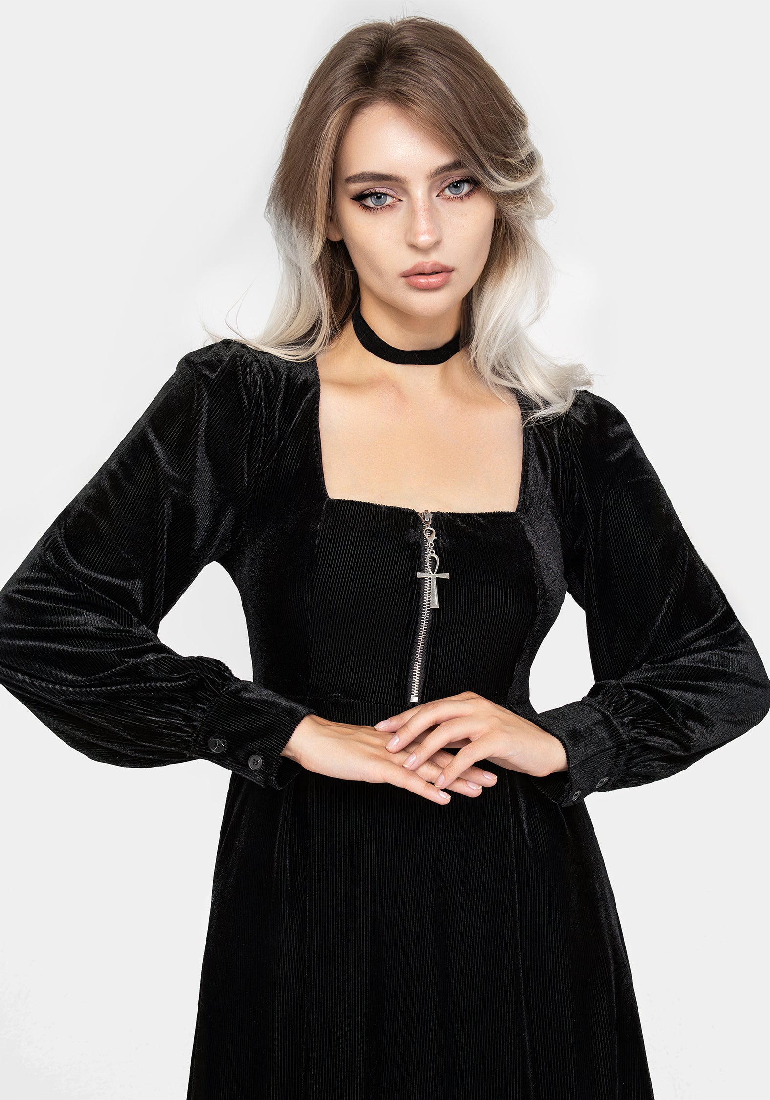 Black Velour Zip Front Midi Dress with Puff Sleeves & Pockets