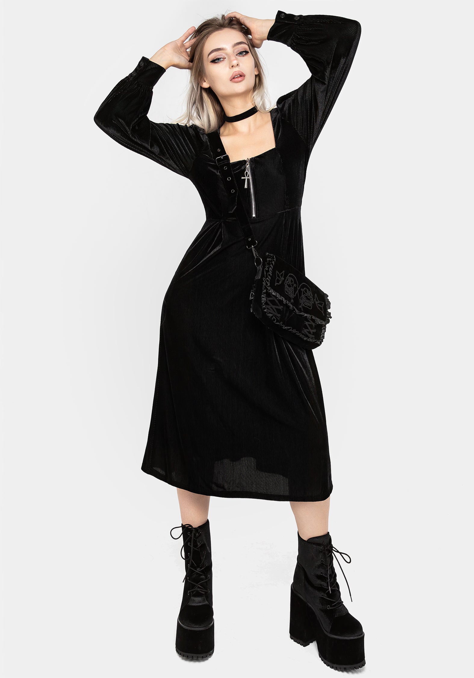 Black Velour Zip Front Midi Dress with Puff Sleeves & Pockets