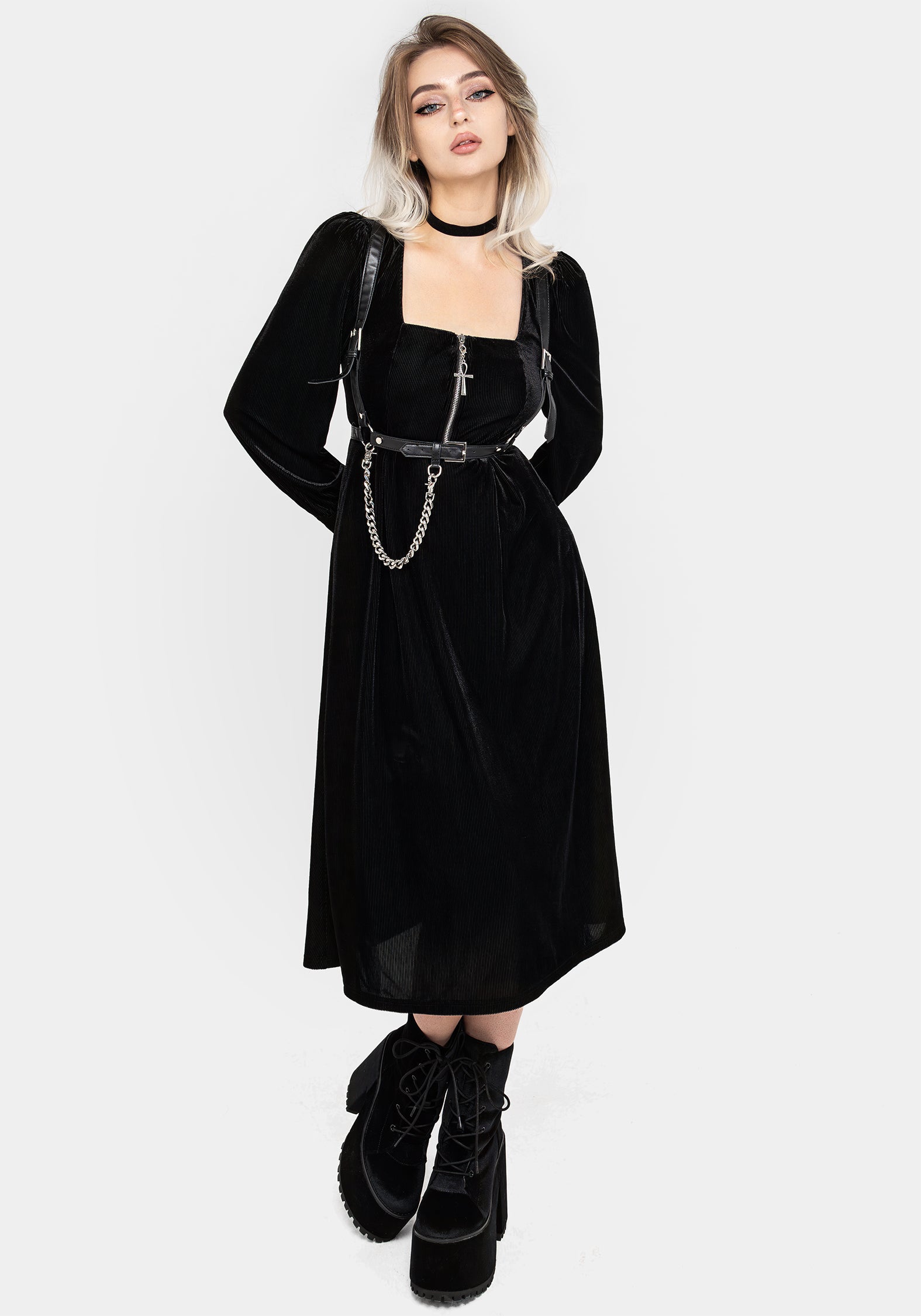 Black Velour Zip Front Midi Dress with Puff Sleeves & Pockets