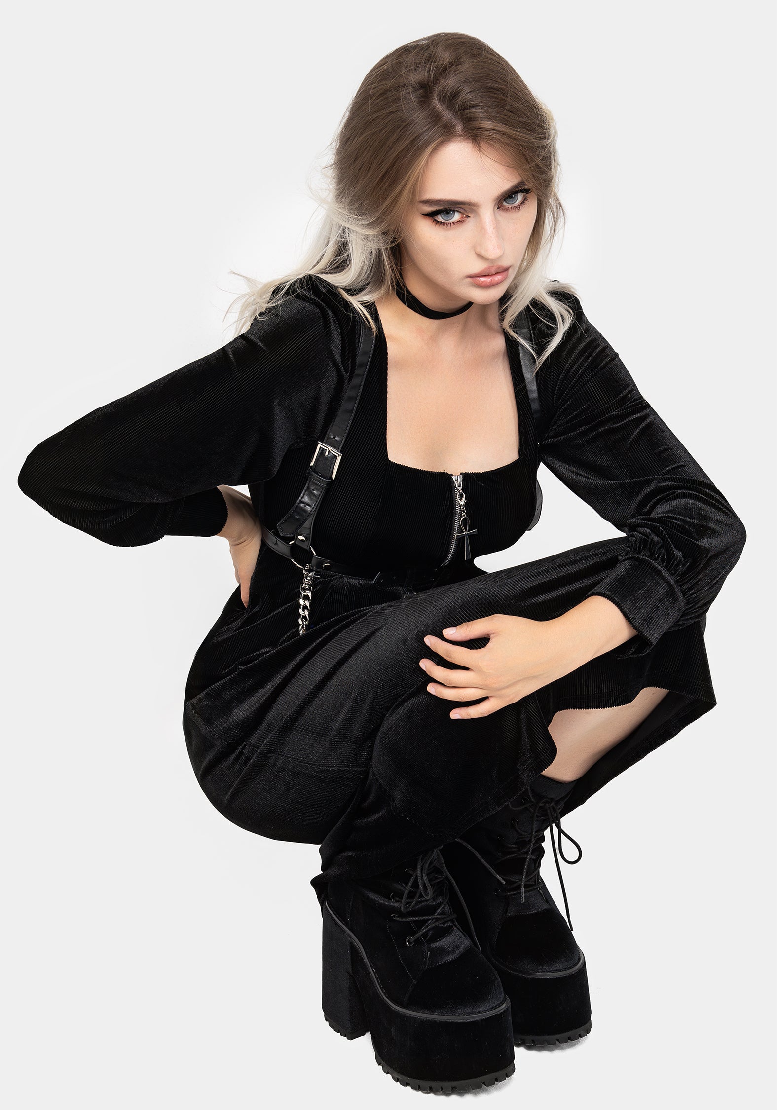 Black Velour Zip Front Midi Dress with Puff Sleeves & Pockets