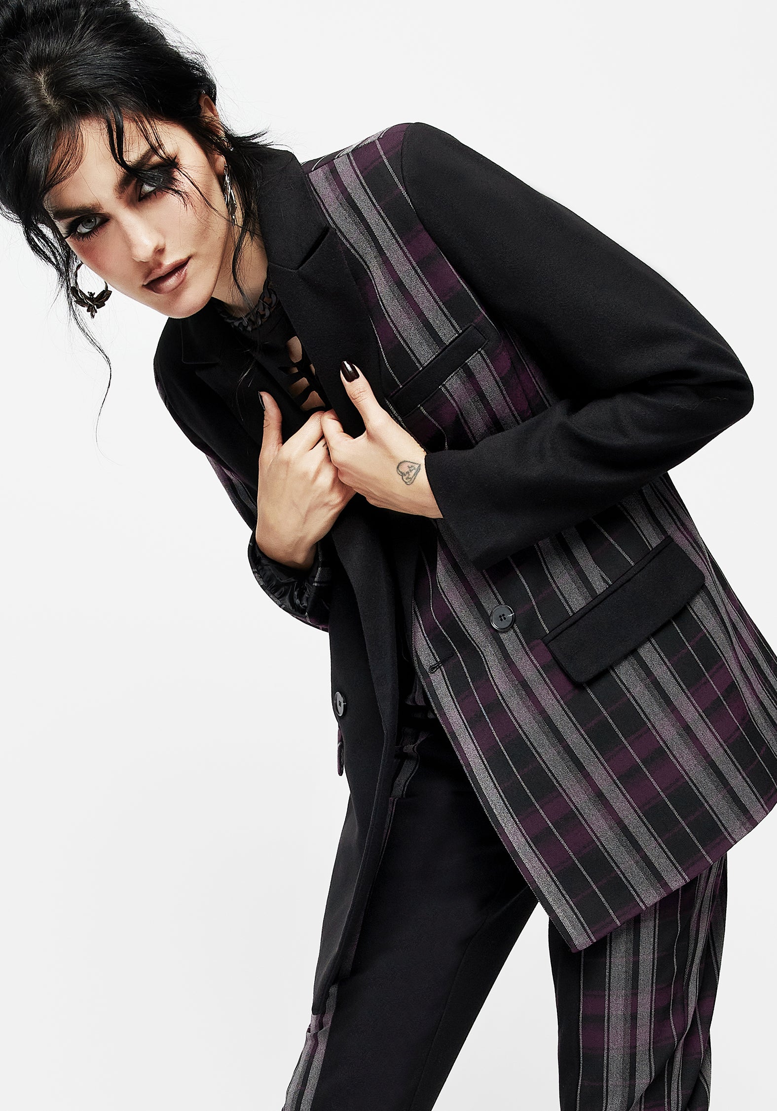 Grey & Purple Check Spliced Blazer - Oversized Double-Breasted | Gambit