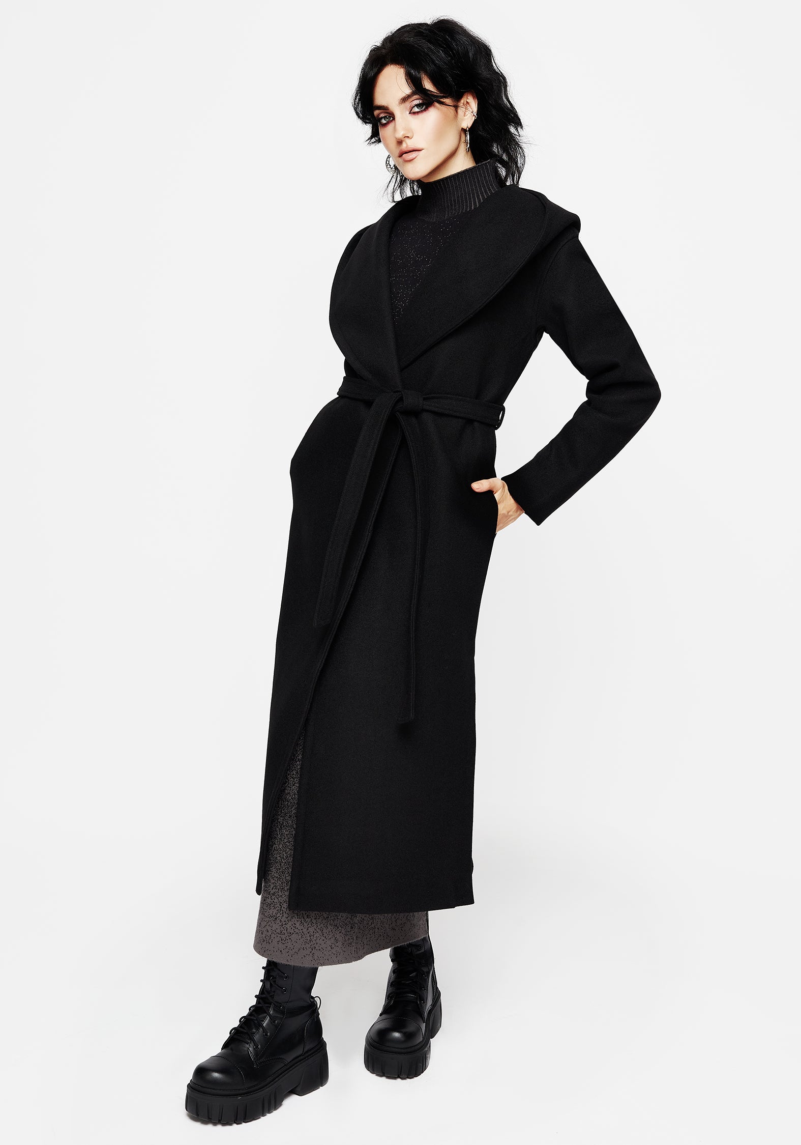 Black Hooded Belted Coat for Women | Catacomb Wool Effect