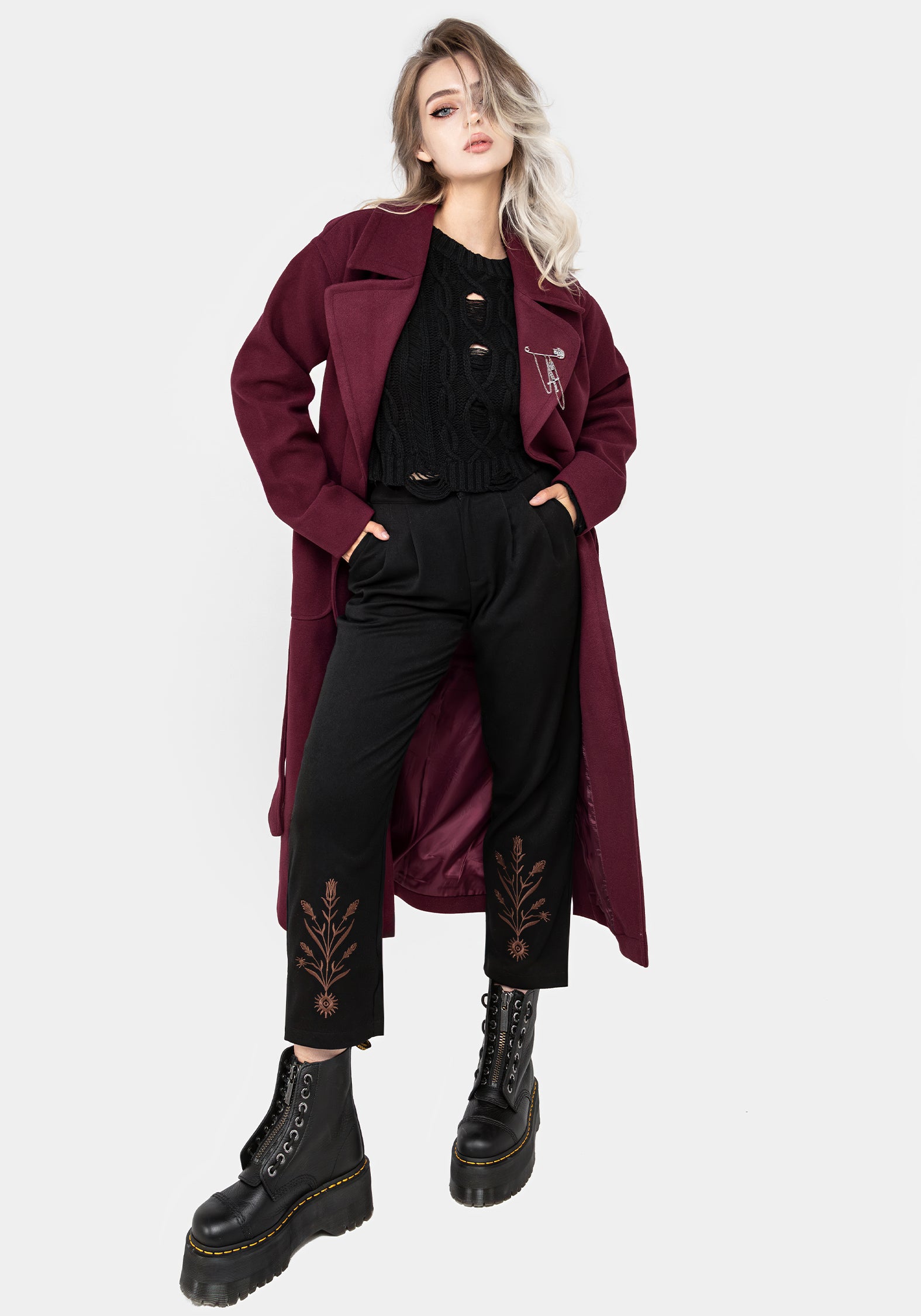 Oversized Red Wool Coat with Skull Brooch | Meltdown
