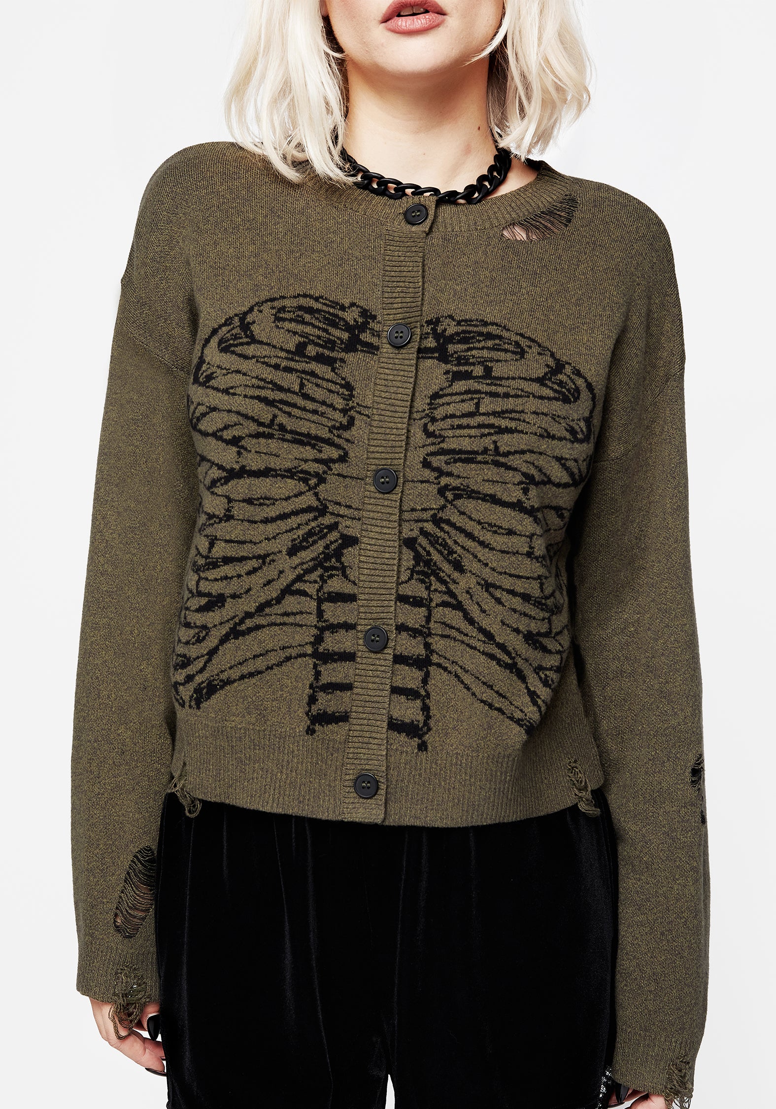 Skeleton Knit Crop Cardigan - Green & Black Grunge Style | Vertebrae