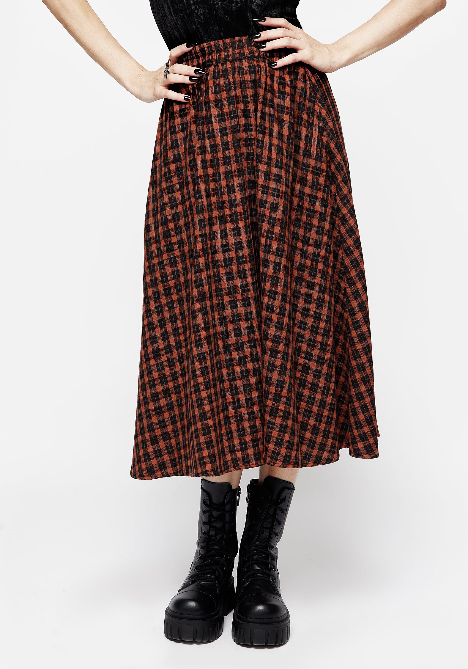 Orange Gingham Midi Skirt with Pockets & Elastic Waist | Terra Check