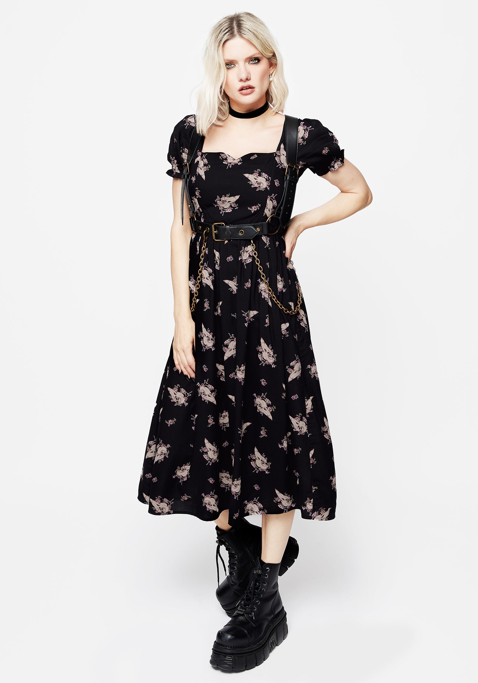Black Floral Skull Print Puff Sleeve Midi Dress | Carrion